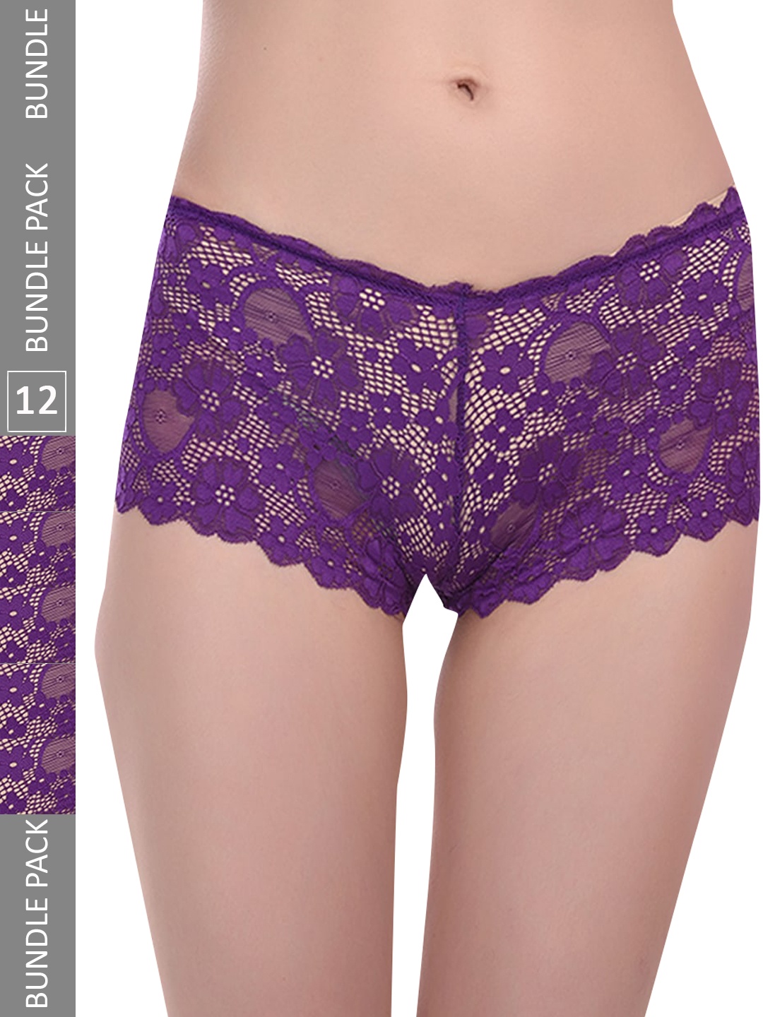 

Fleurt Pack Of 12 Floral Self Design Mid Rise Lace Boy Shorts, Purple