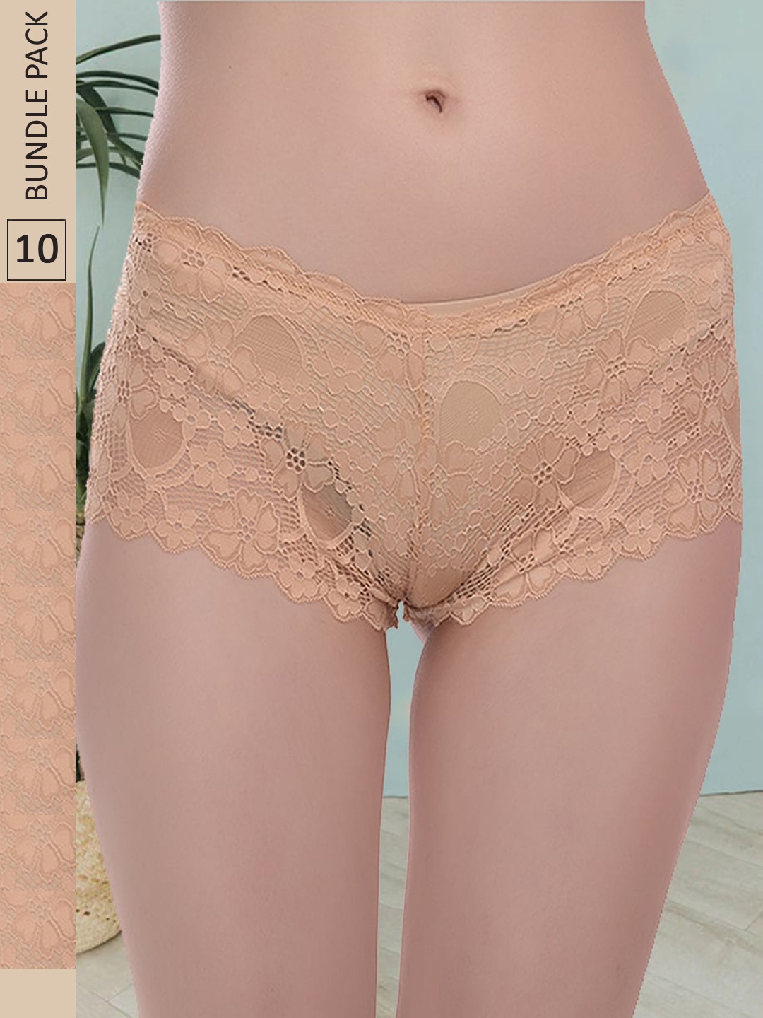 

Fleurt Women Pack Of 10 Self Design Lace Boy Shorts Briefs, Gold