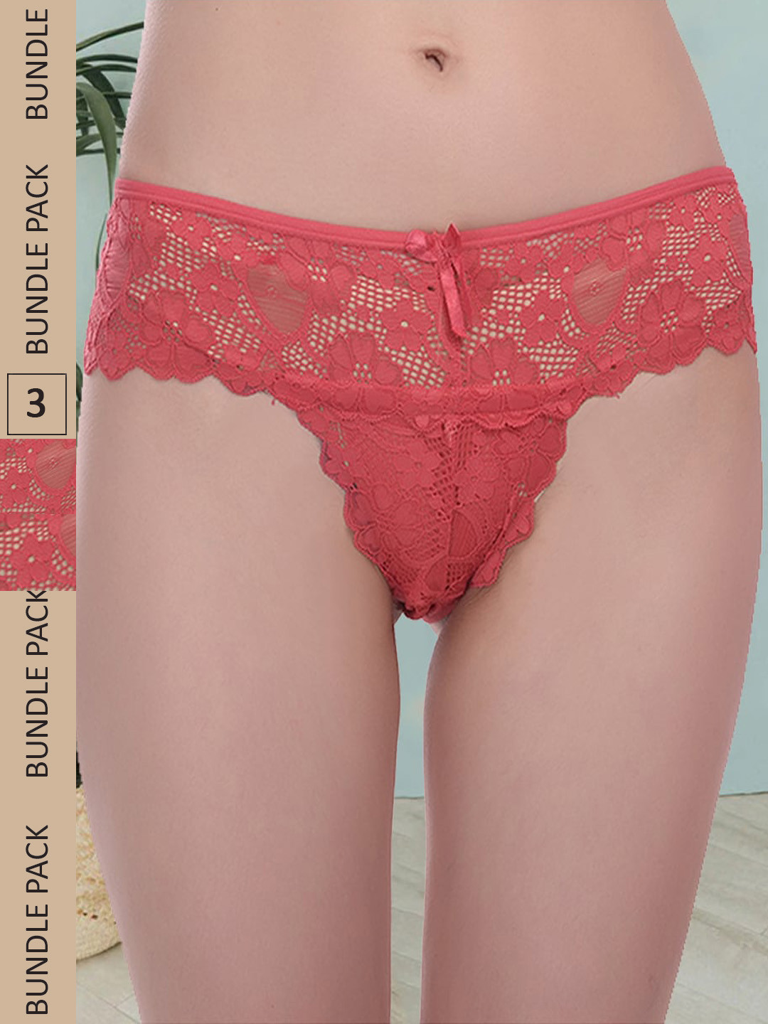 

Fleurt Women Pack Of 3 Self Design Lace Bikini Briefs, Pink