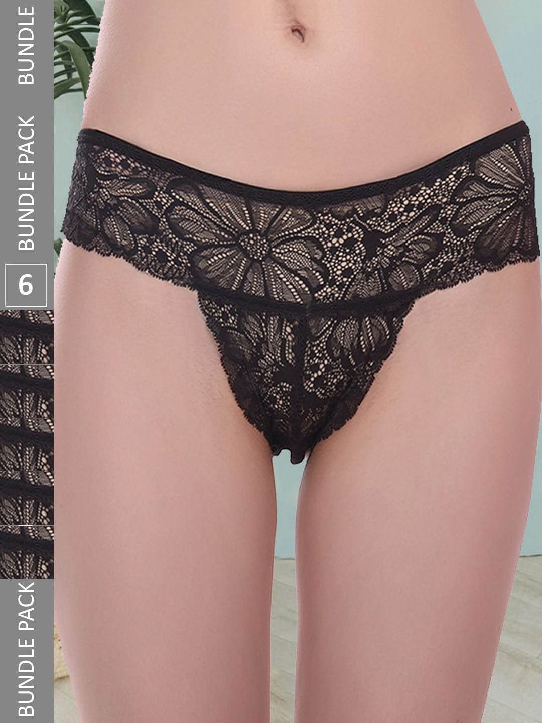 

Fleurt Women Pack Of 6 Assorted Self Design Lace Bikini Briefs