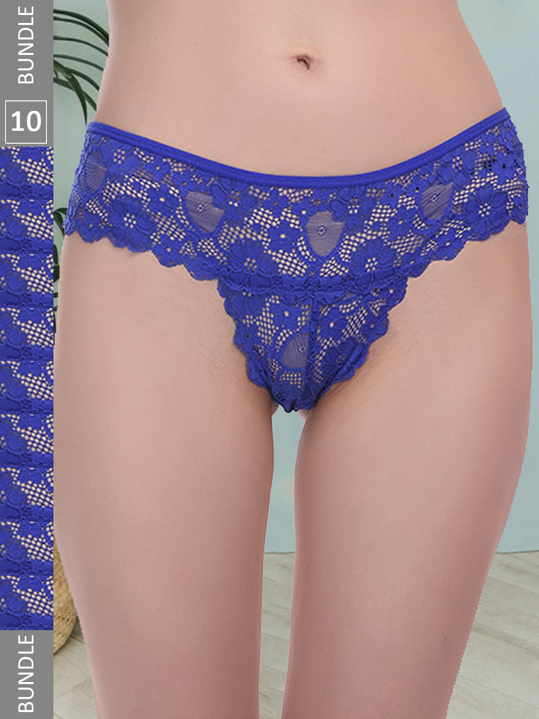 

Fleurt Pack Of 10 Floral Self Design Mid Rise Lace Bikini, Navy blue