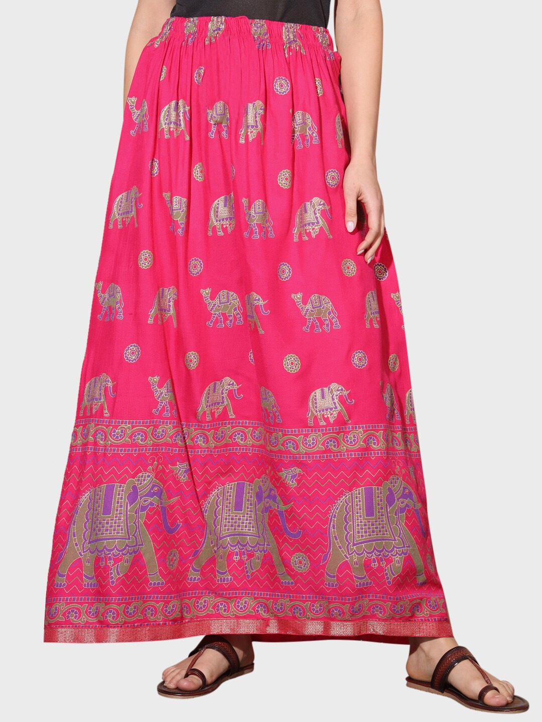 

BUY NEW TREND Ehtnic Printed Cotton Flared Maxi Skirt, Pink