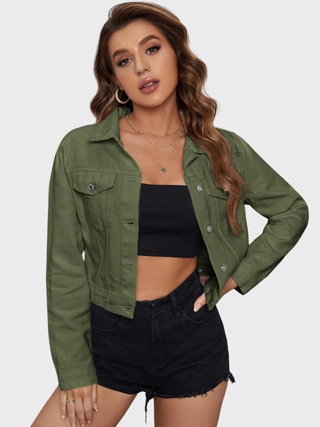 

BUY NEW TREND Women Spread Collar Light Weight Crop Denim Jacket, Green