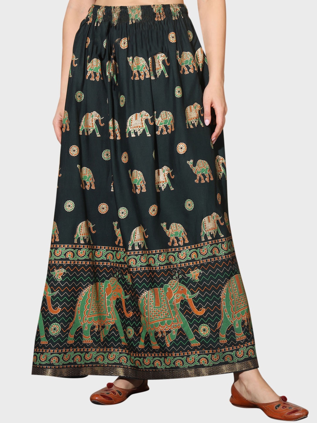 

BUY NEW TREND Ethnic Printed Cotton Flared Maxi Skirt, Green