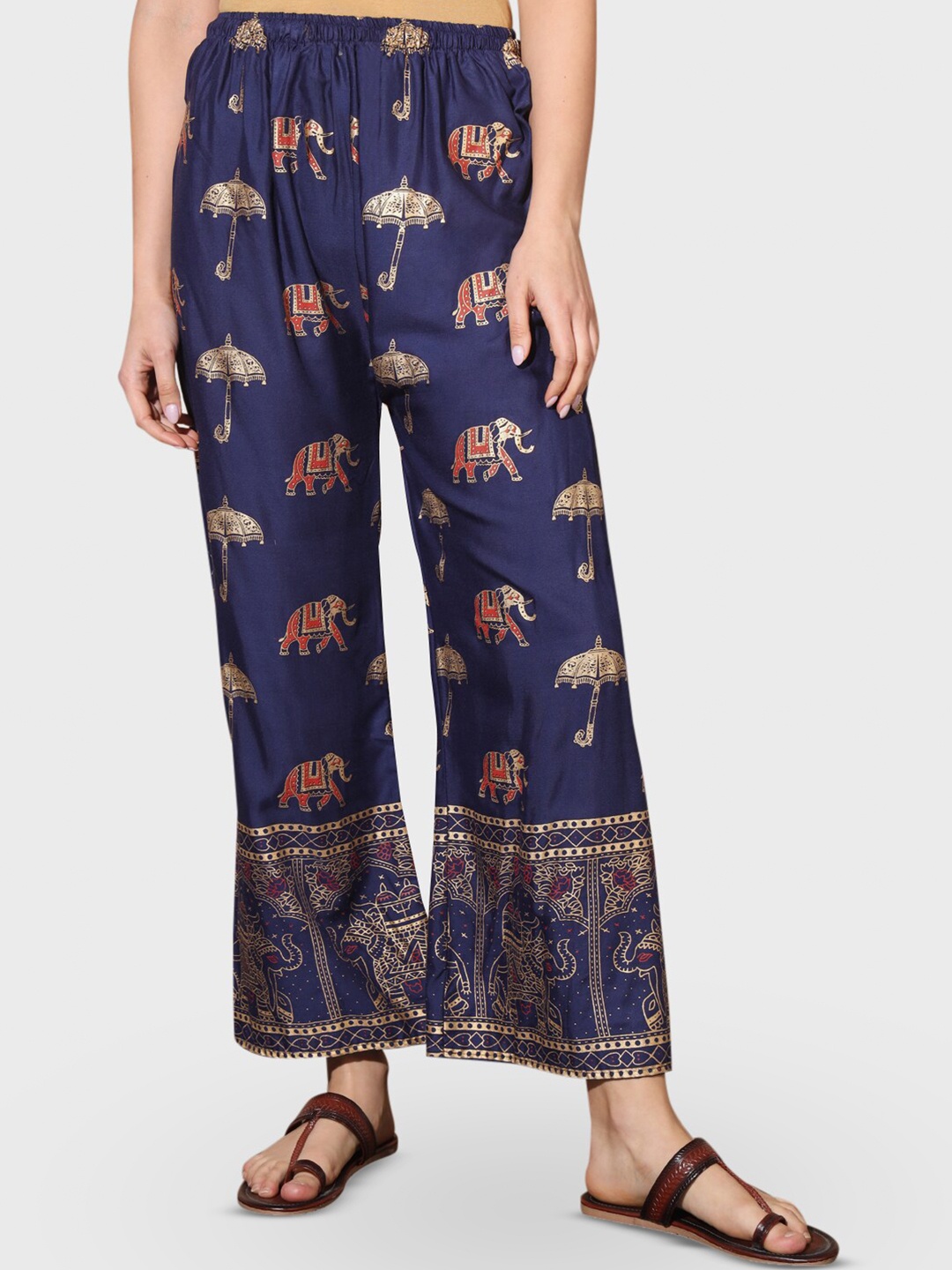 

BUY NEW TREND Women Ethnic Motifs Printed Straight Palazzos, Navy blue