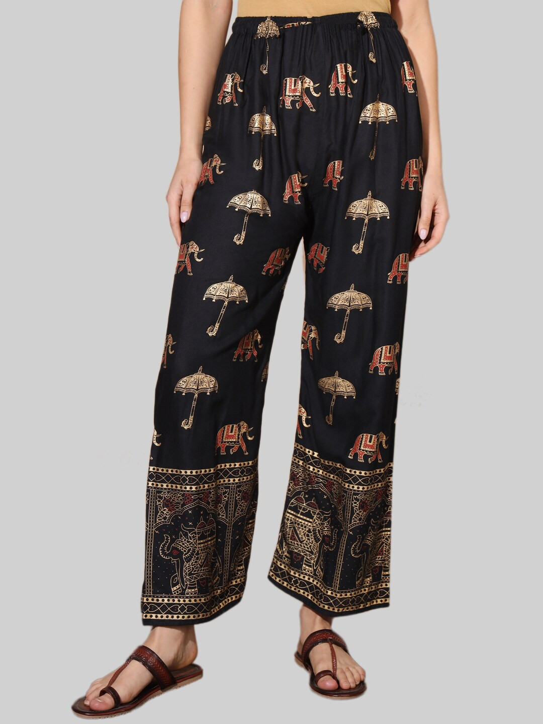 

BUY NEW TREND Women Ethnic Motifs Printed Straight Palazzos, Black