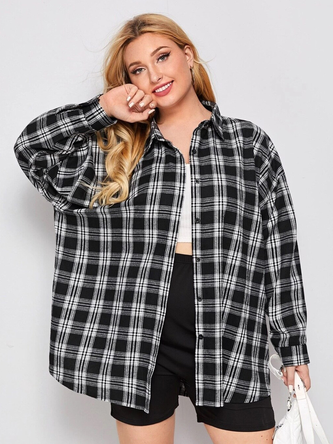

BUY NEW TREND Plus Size OversizedTartan Checks Cotton Casual Shirt, Black