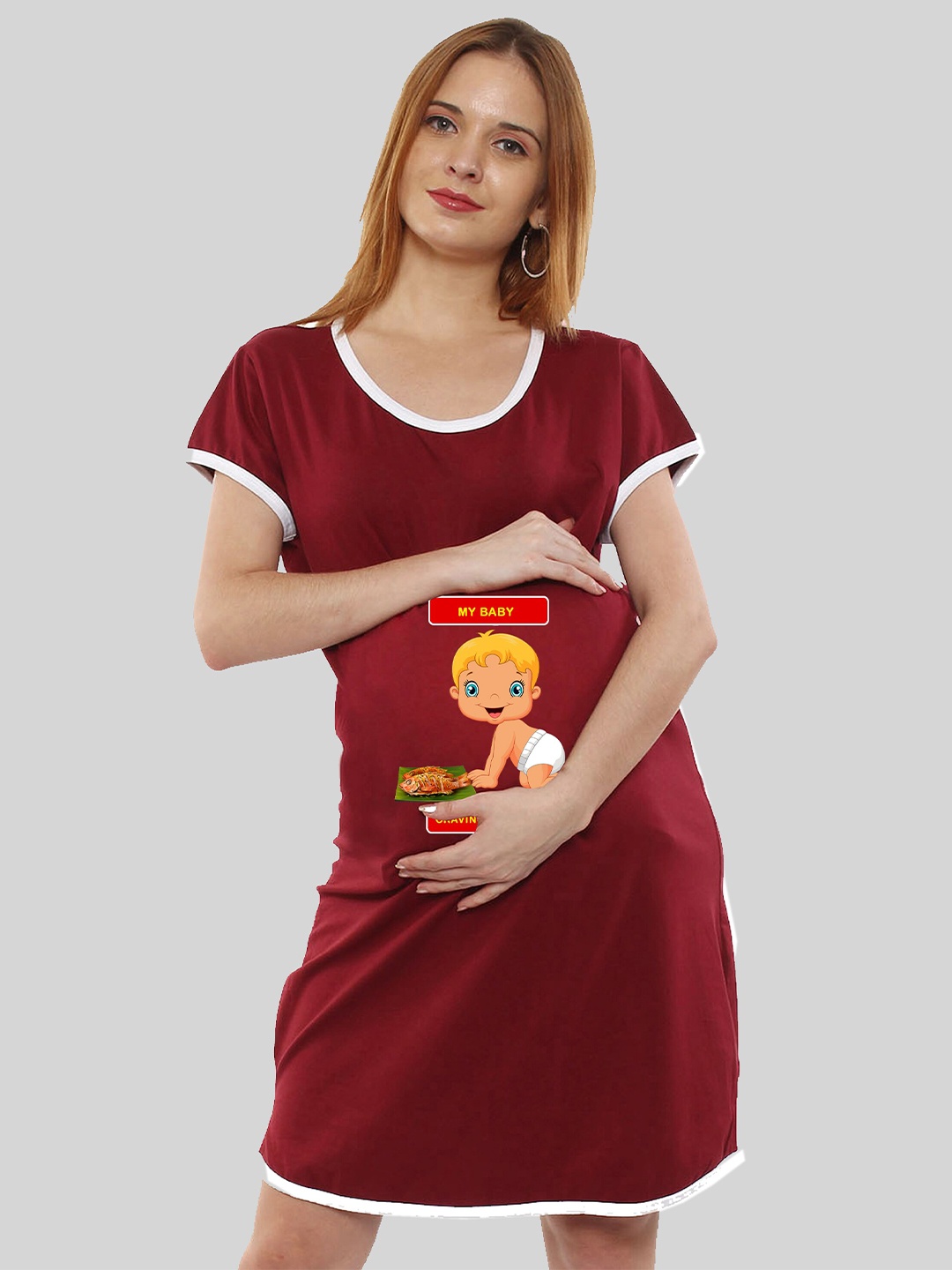 

SillyBoom Printed Round Neck Cotton Maternity T-shirt Dress, Maroon