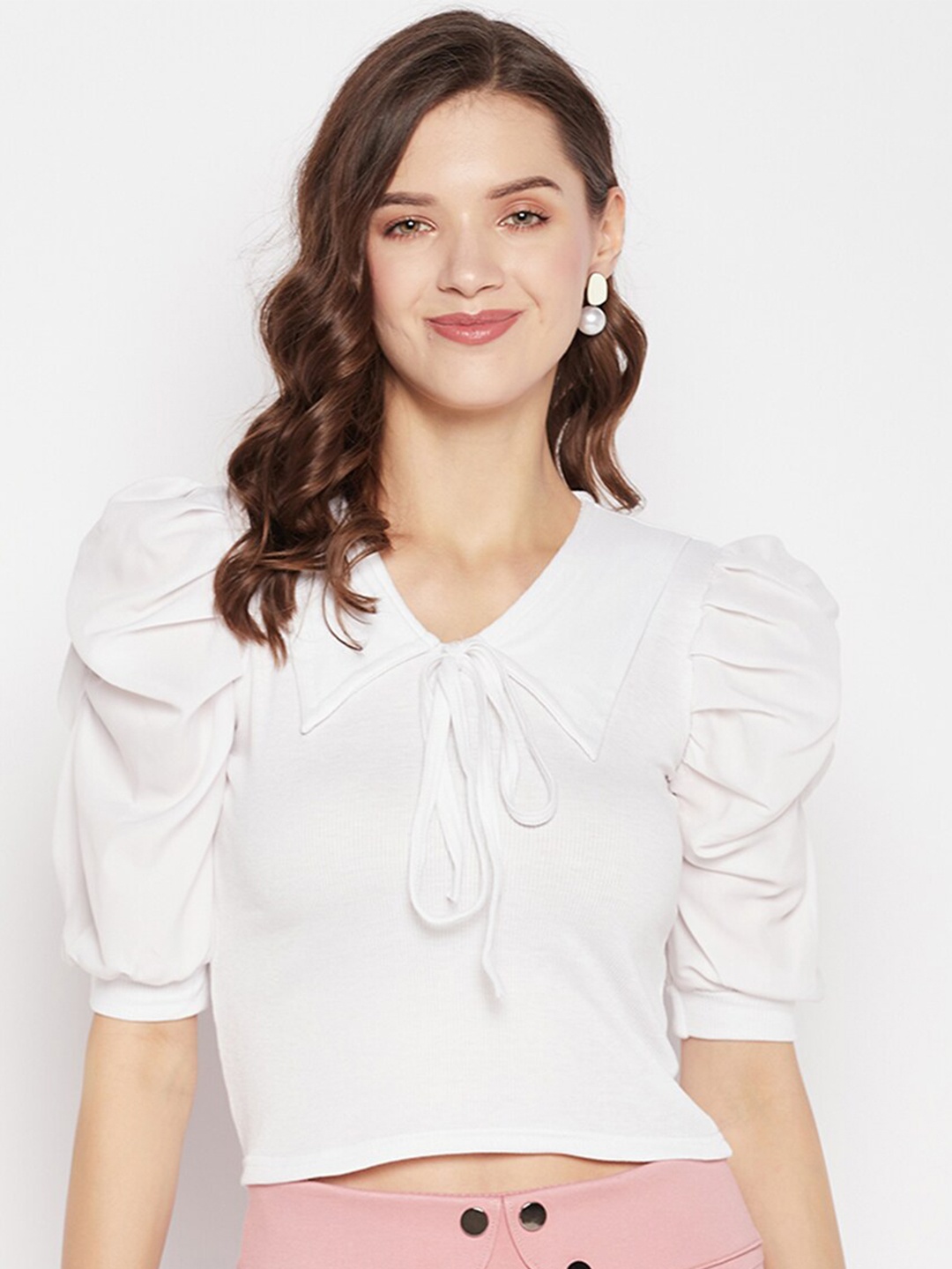 

Clora Creation Tie-Up Neck Puff Sleeve Crop Top, White