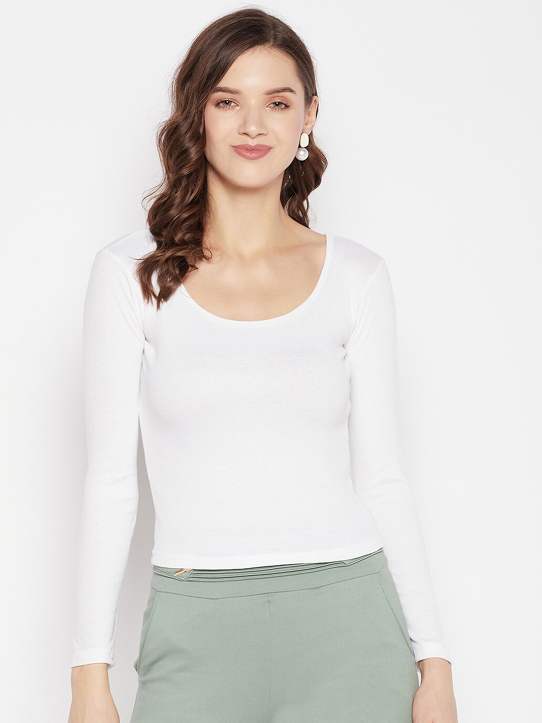 

Clora Creation Scoop Neck Long Sleeves Fitted Crop Top, White