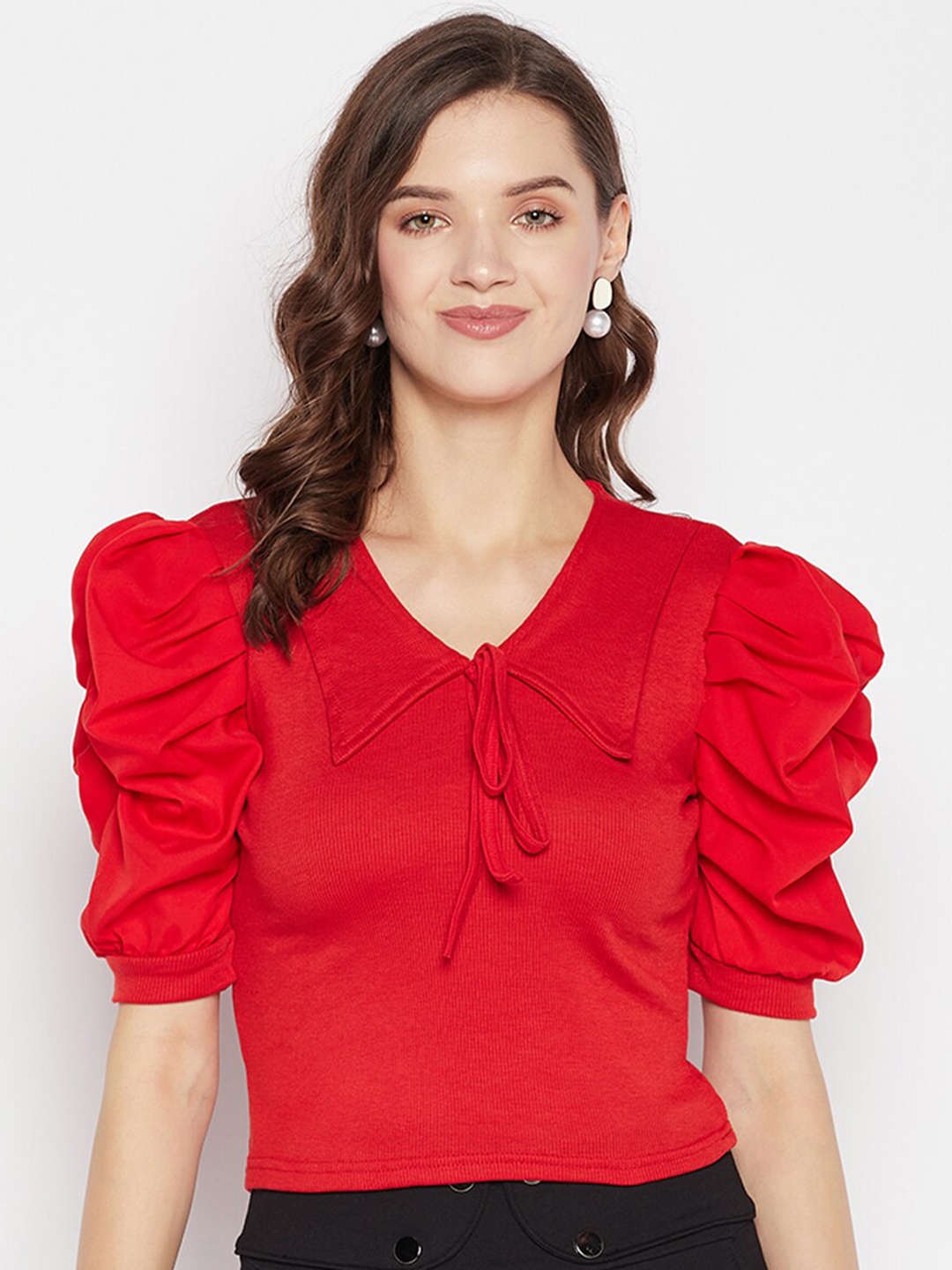 

Clora Creation Tie-Up Neck Puff Sleeve Crop Top, Red