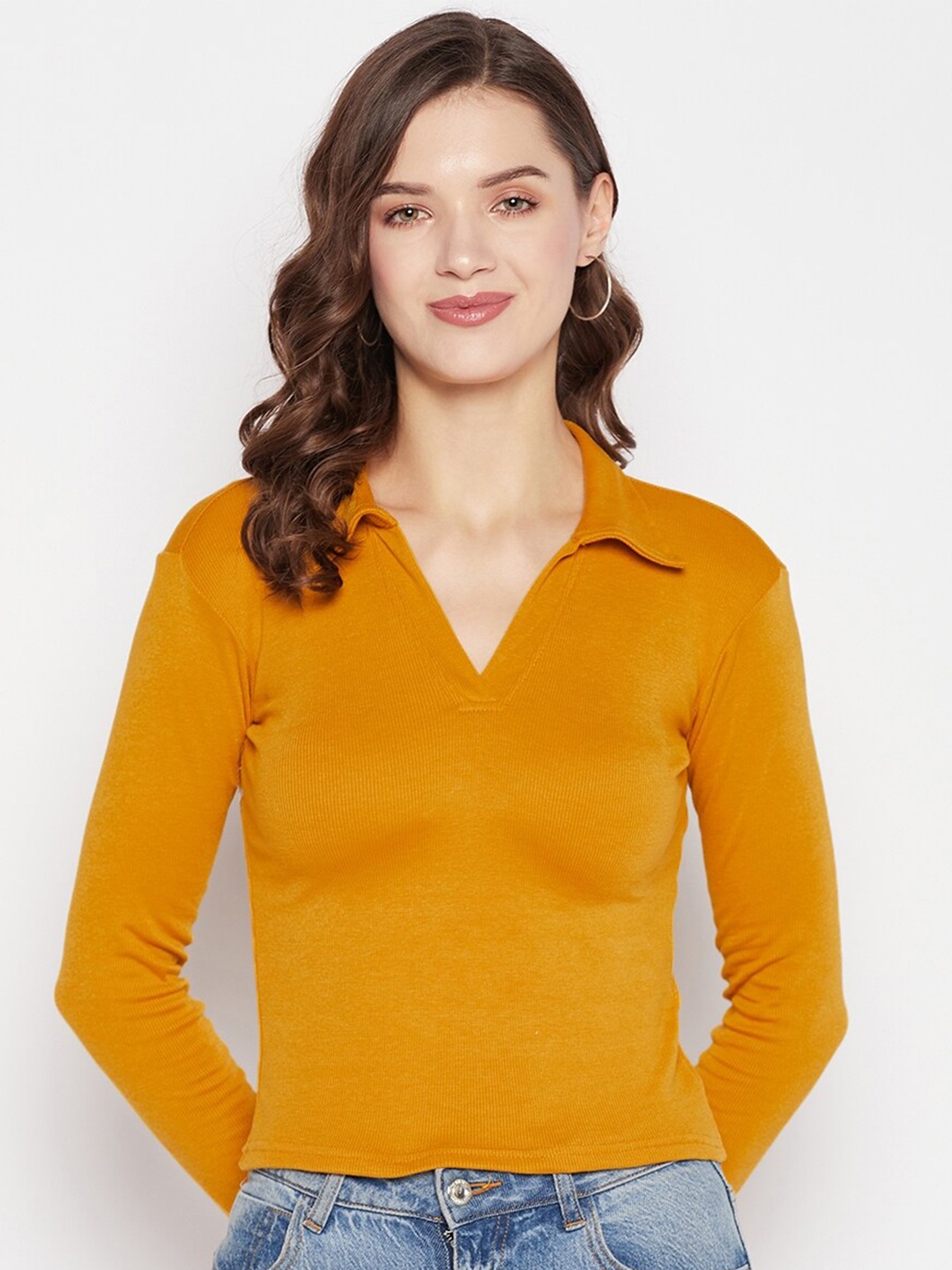 

Clora Creation Shirt Collar Long Sleeves Fitted Top, Mustard