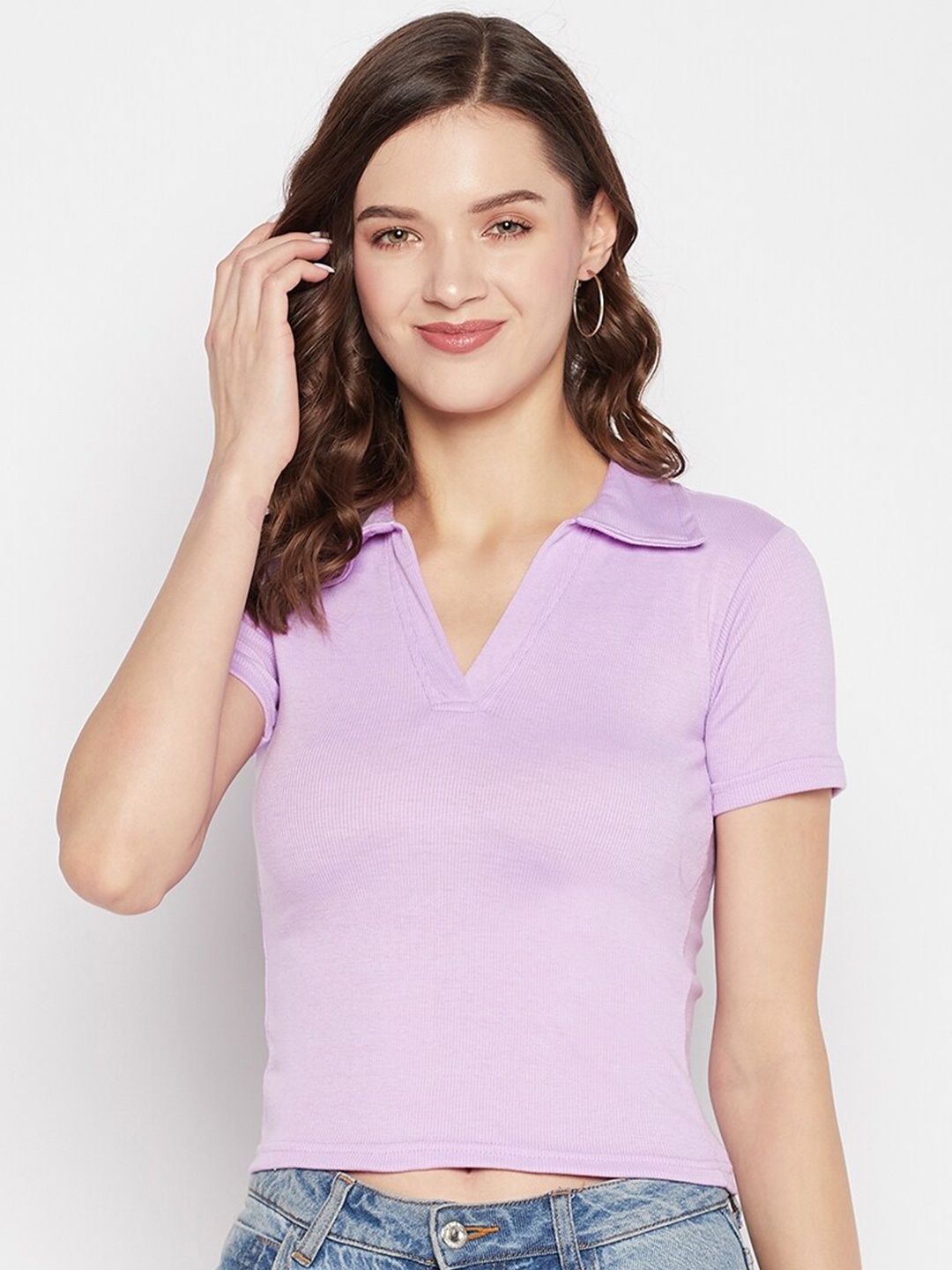 

Clora Creation Shirt Collar Fitted Crop Top, Lavender