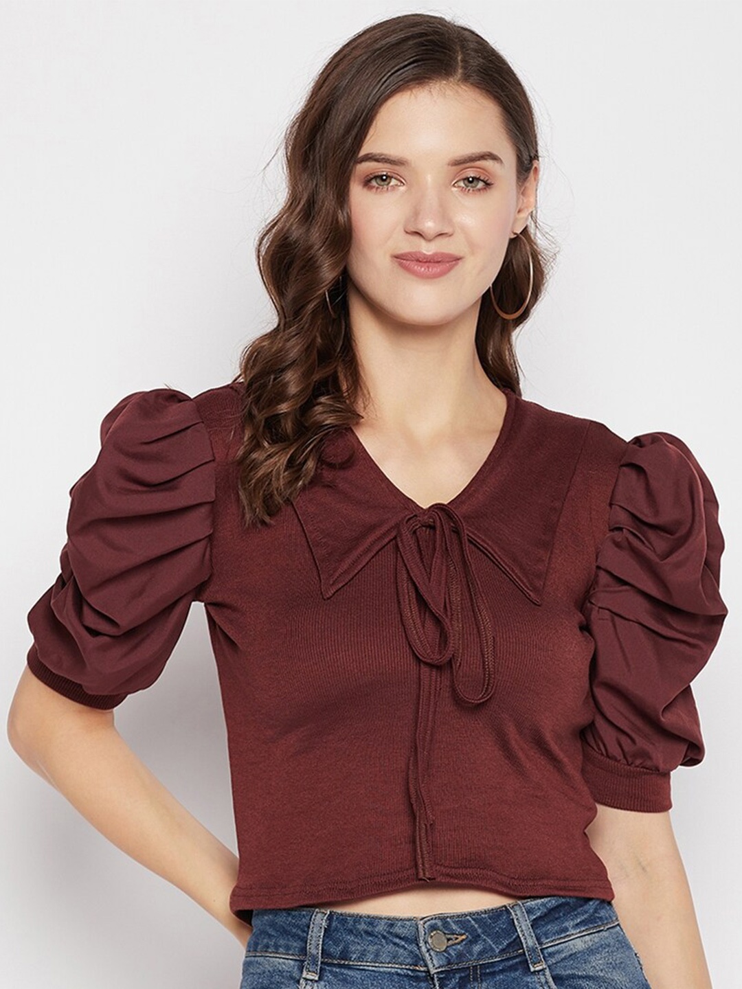 

Clora Creation Tie-Up Neck Puff Sleeves Crop Top, Coffee brown