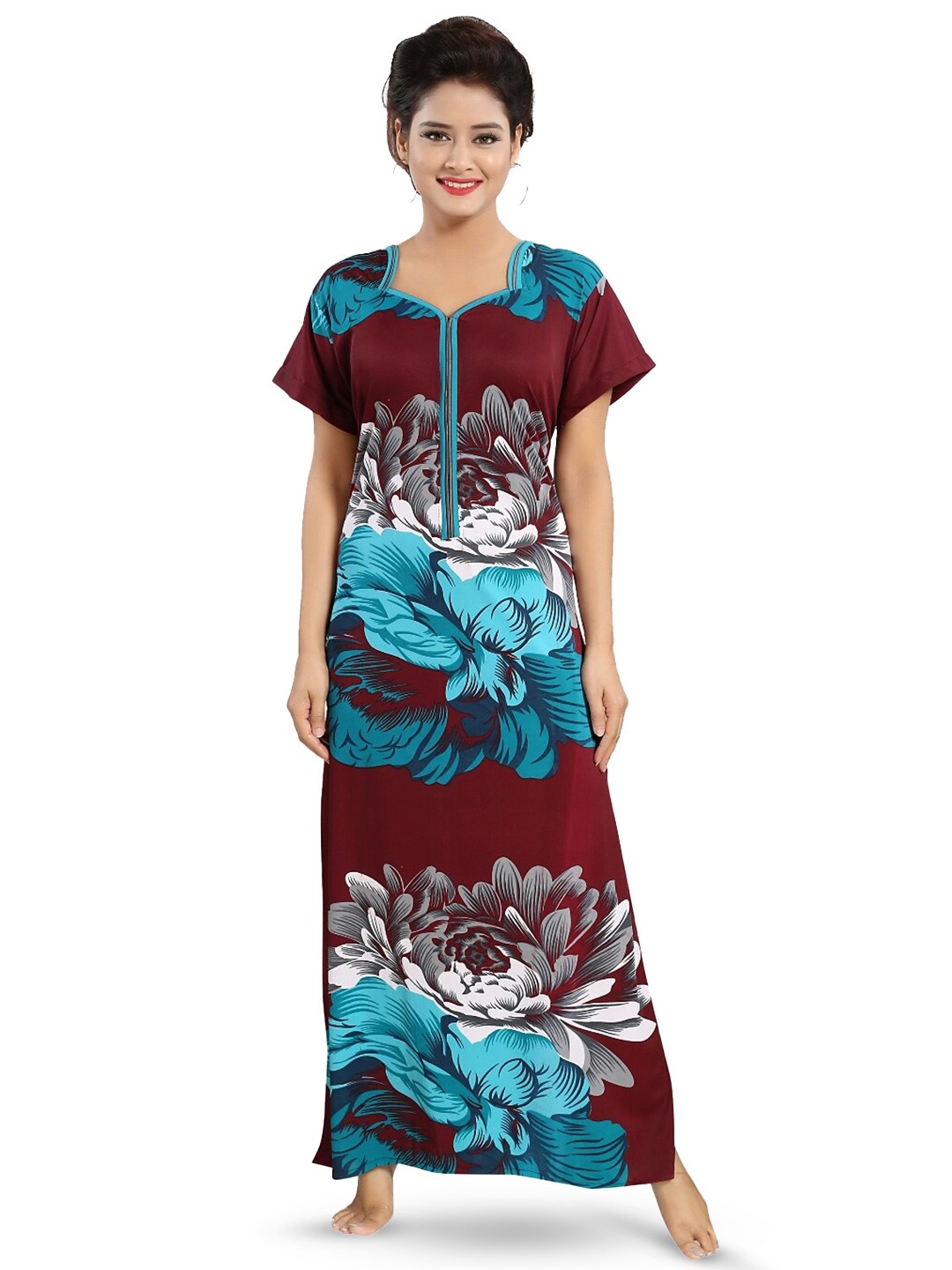 

SHOPPING STATION Floral Printed Satin Maxi Nightdress, Maroon