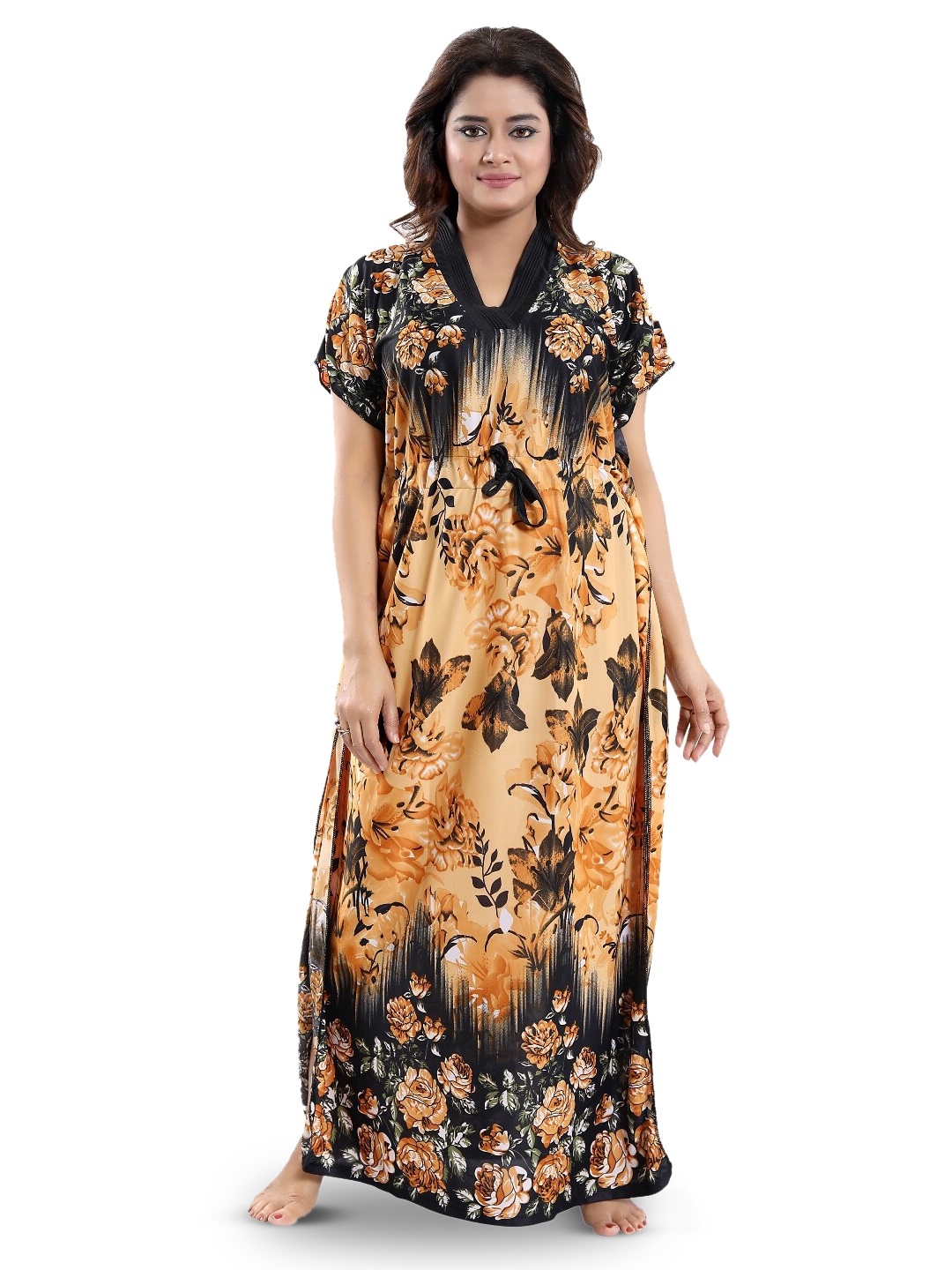 

SHOPPING STATION Floral Printed Satin Kaftan Maxi Nightdress, Yellow