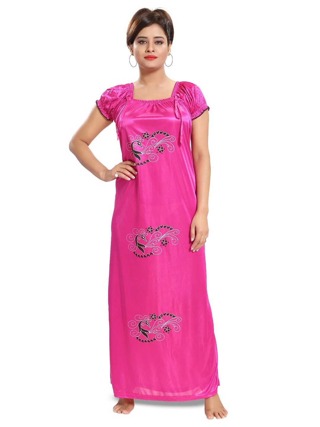 

SHOPPING STATION Ethnic Motifs Printed Satin Maxi Nightdress, Pink