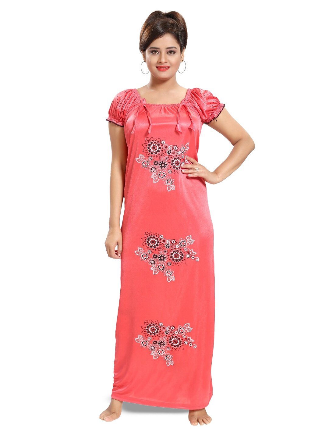 

SHOPPING STATION Ethnic Motifs Printed Satin Maxi Nightdress, Peach