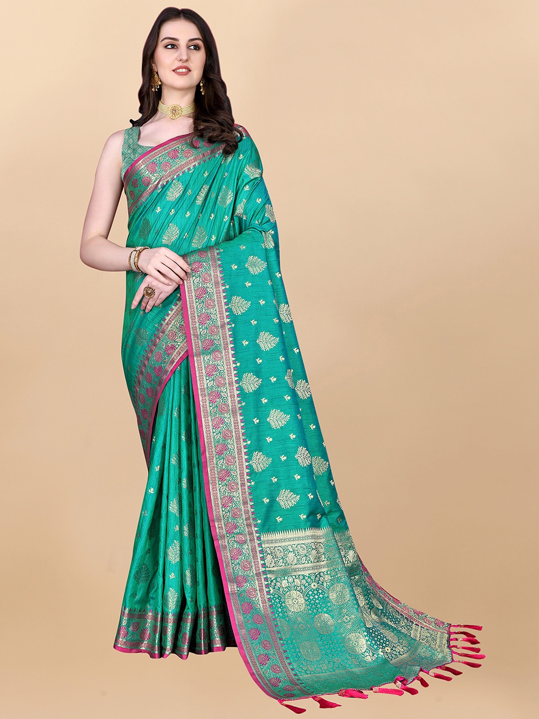 

MARGI DESIGNERS Ethnic Motif Woven Design Zari Banarasi Saree, Turquoise blue
