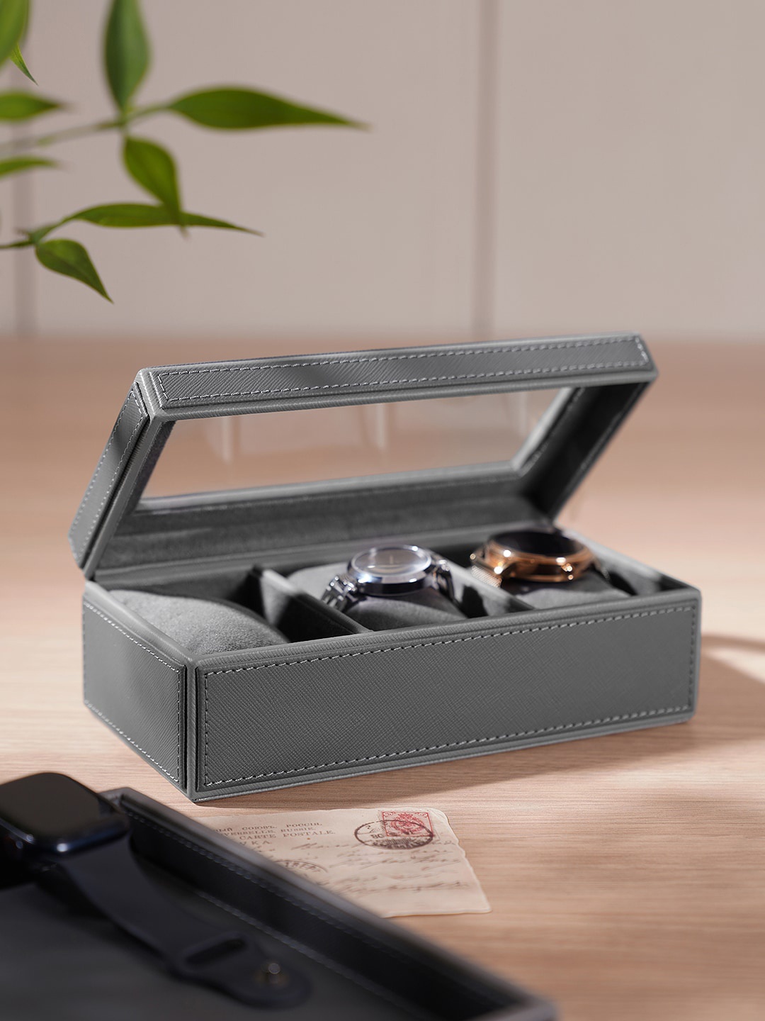 

Pure Home and Living Watch 3 Slots Leather Watch Organiser Box, Grey