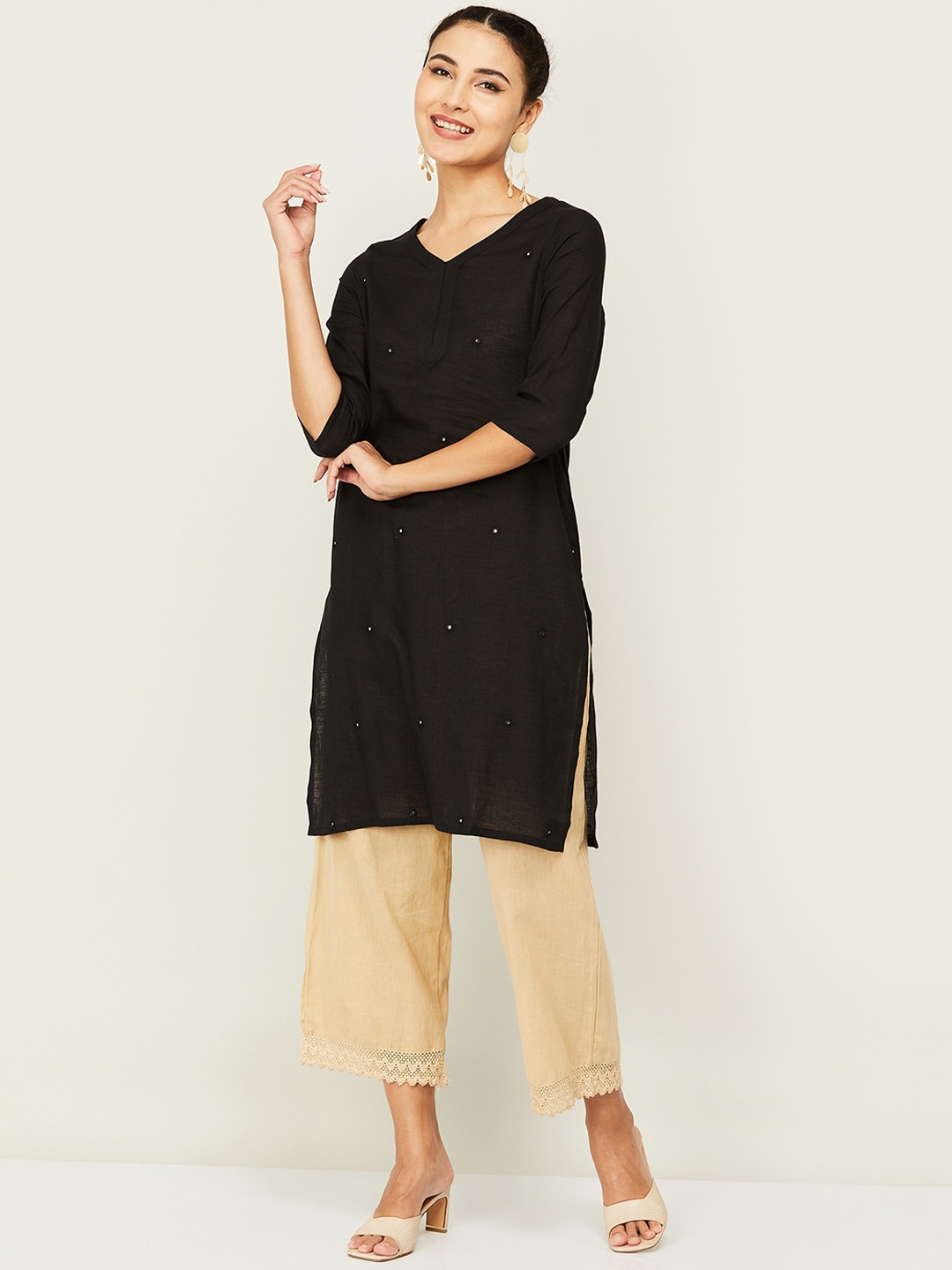 

Melange by Lifestyle V-Neck Mirror Work Pure Cotton Kurta, Black