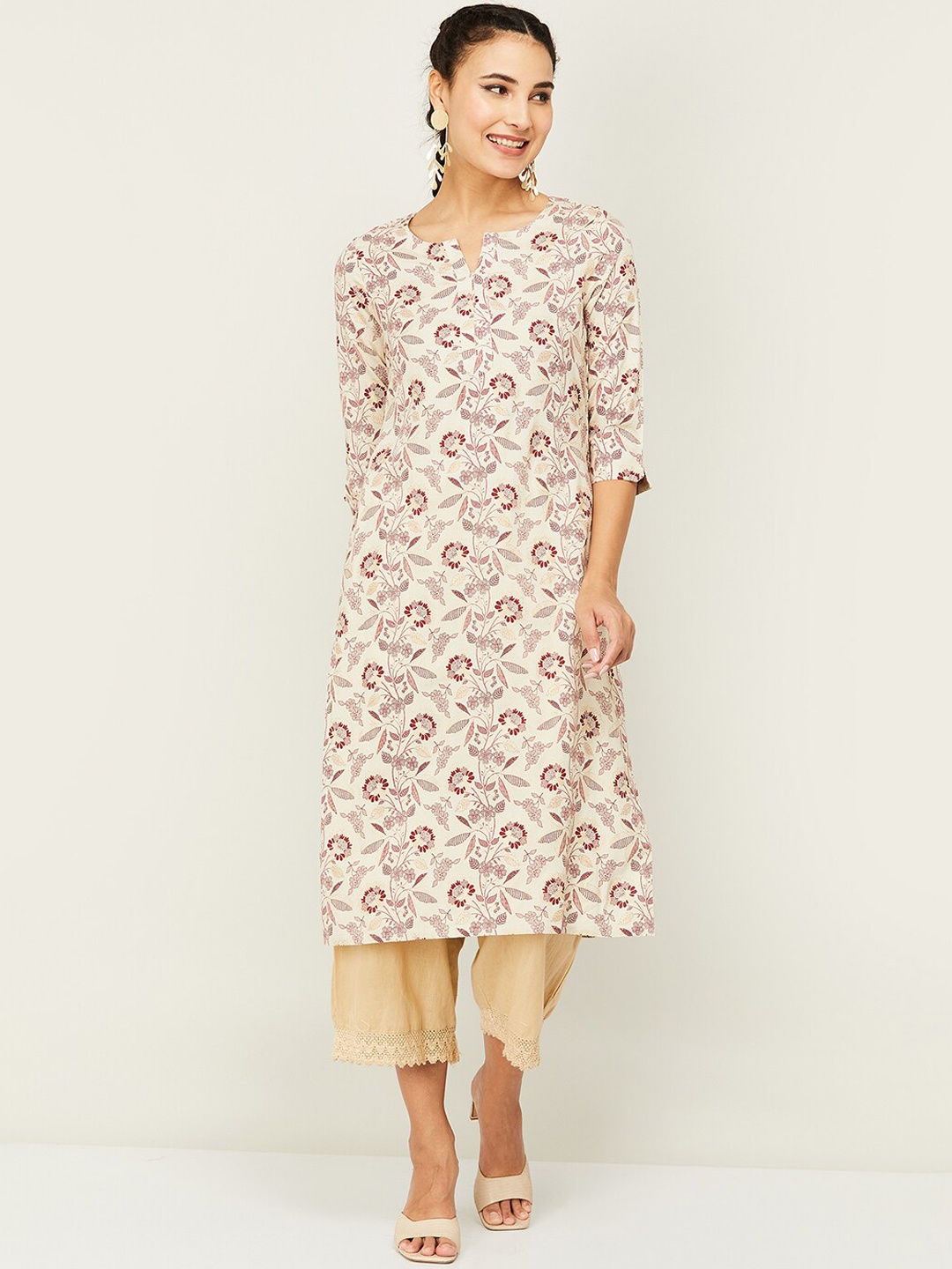 

Melange by Lifestyle Floral Printed Notched Neck Kurta, Beige