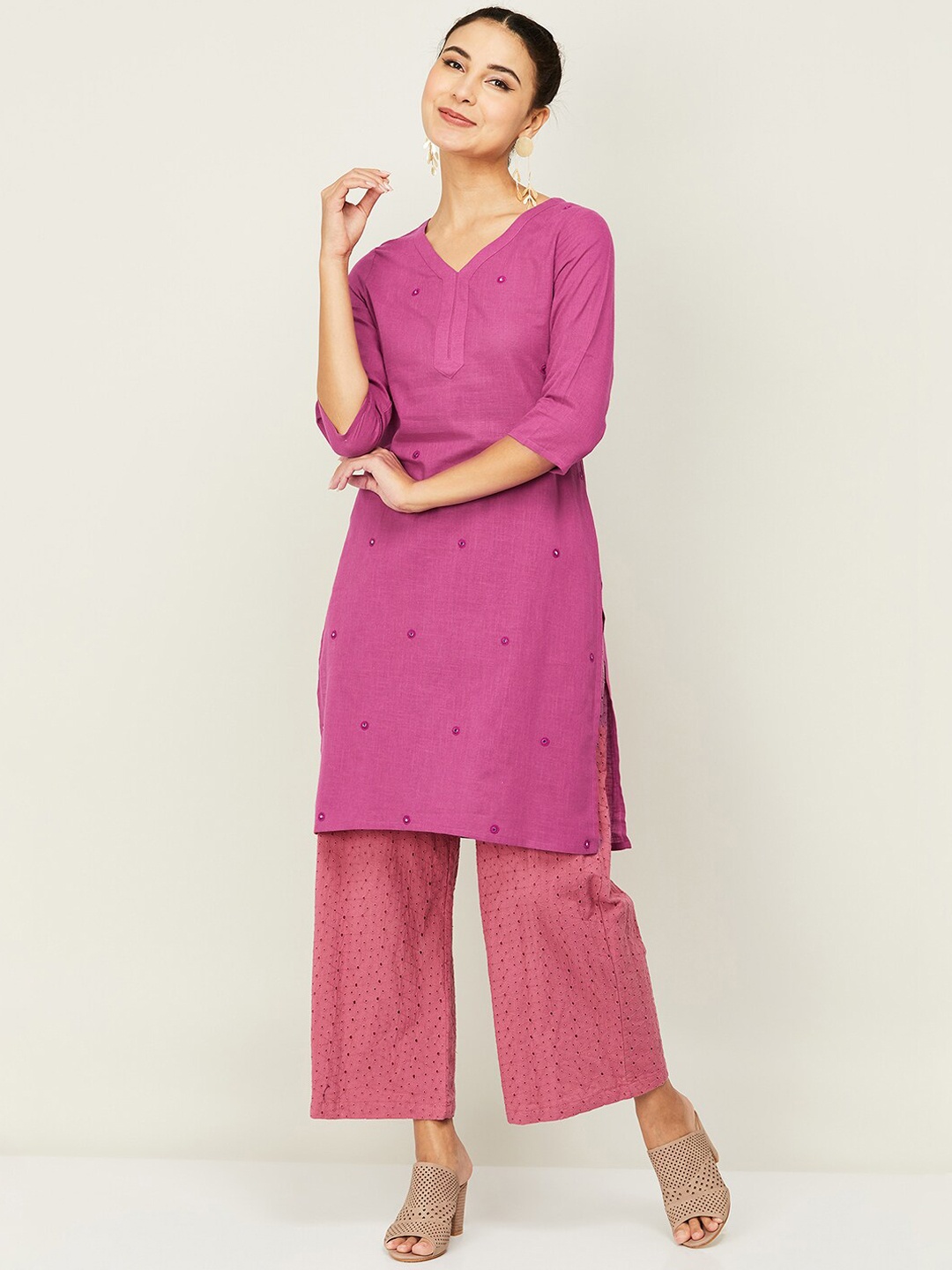 

Melange by Lifestyle Embroidered Regular Mirror Work Pure Cotton Straight Kurta, Pink