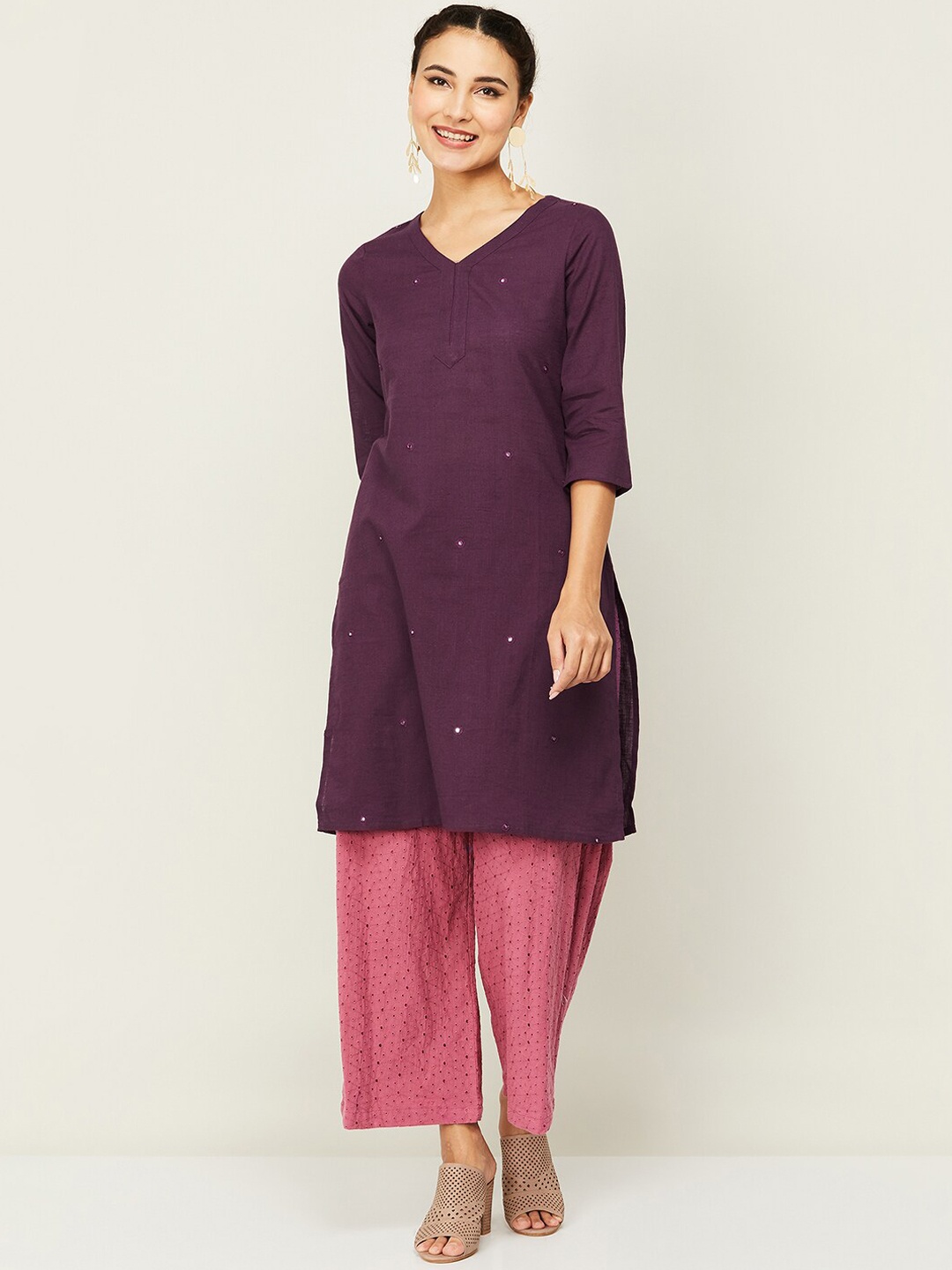 

Melange by Lifestyle Embroidered Regular Mirror Work Pure Cotton Straight Kurta, Violet