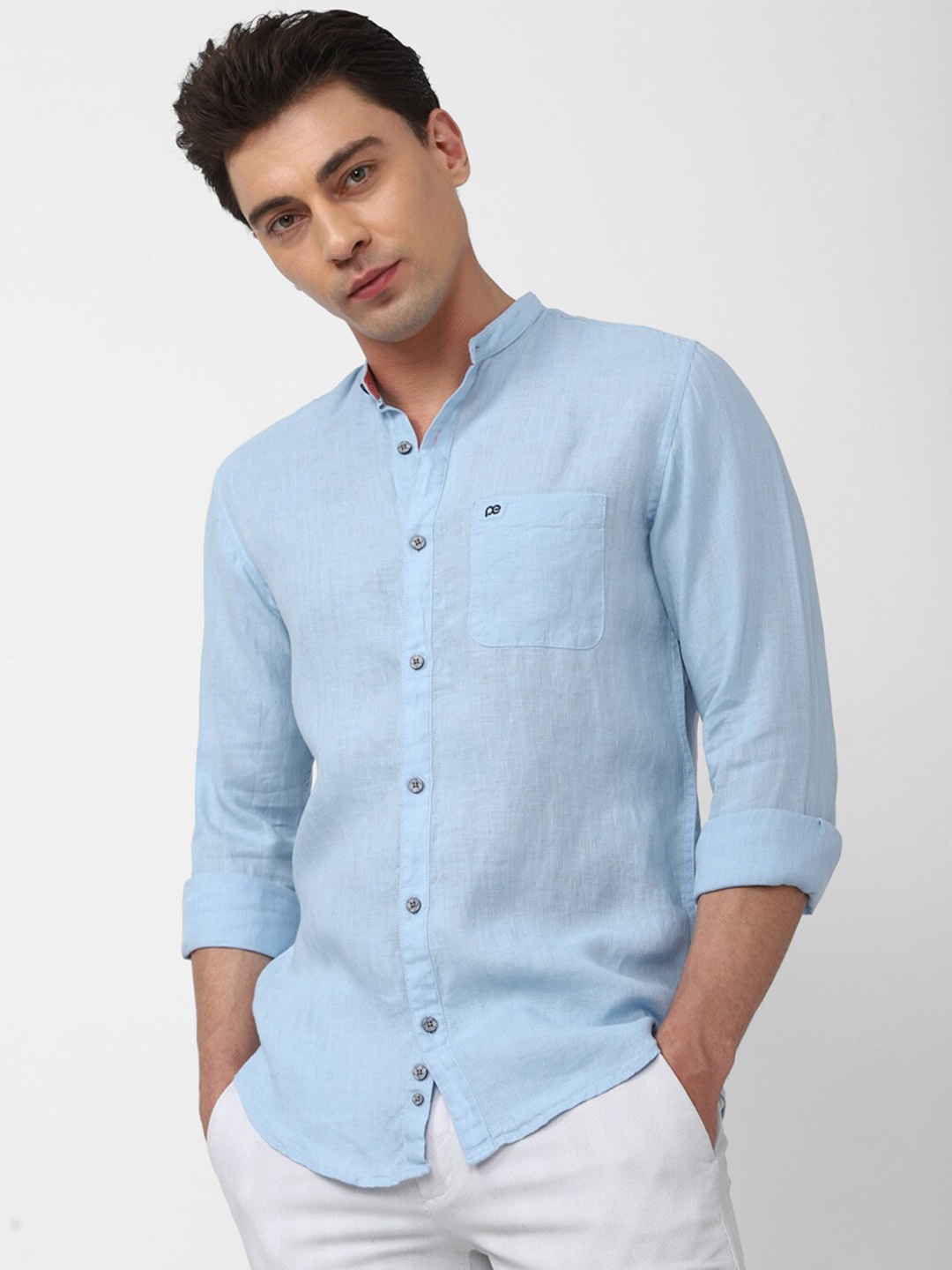 

Peter England Casuals Mandarin Collar Slim Fit Pure Linen Casual Shirt, Blue