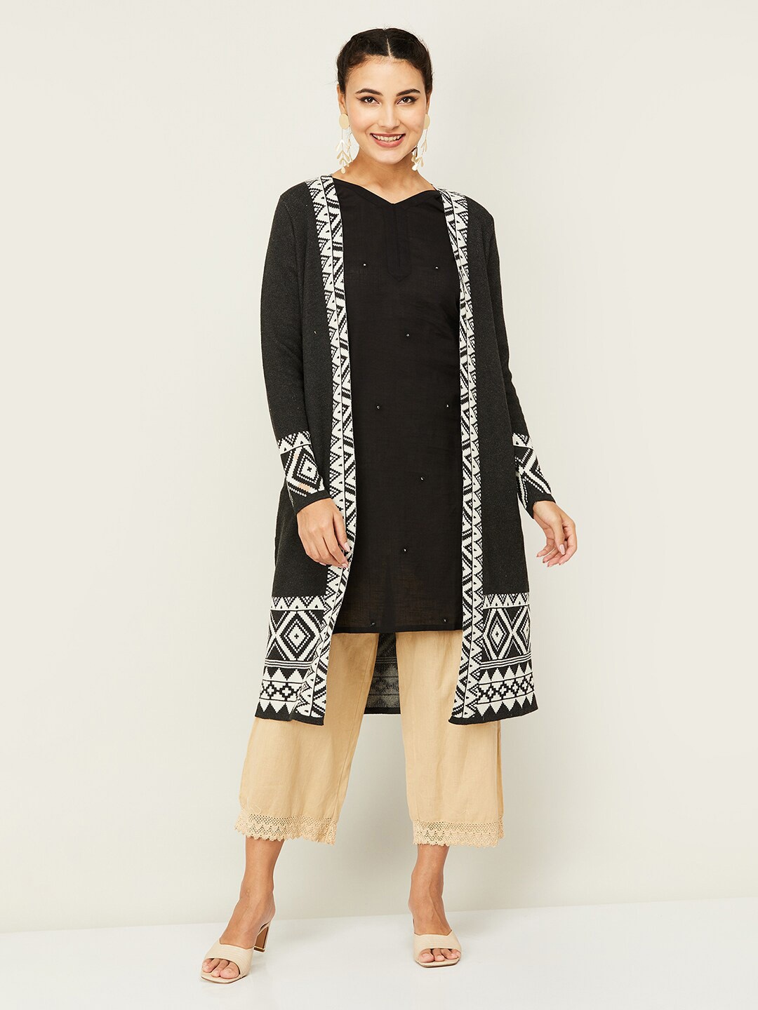 

Colour Me by Melange Printed Acrylic Longline Open Front Shrug, Charcoal