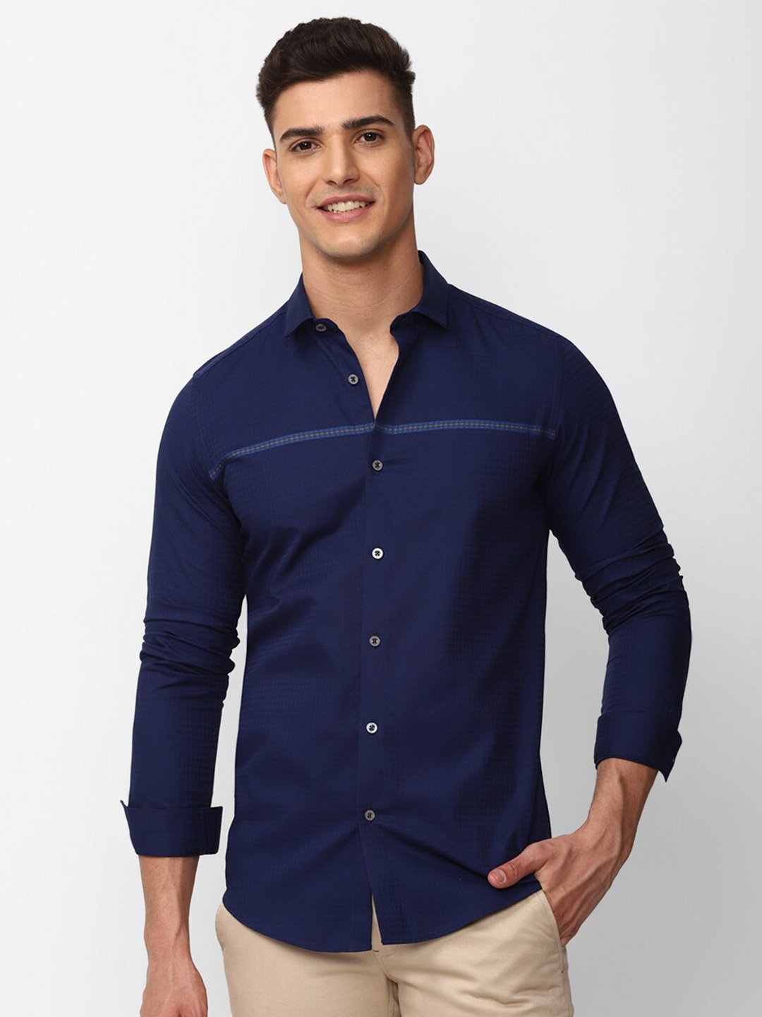 

SIMON CARTER LONDON Slim Fit Spread Collar Pure Cotton Casual Shirt, Navy blue