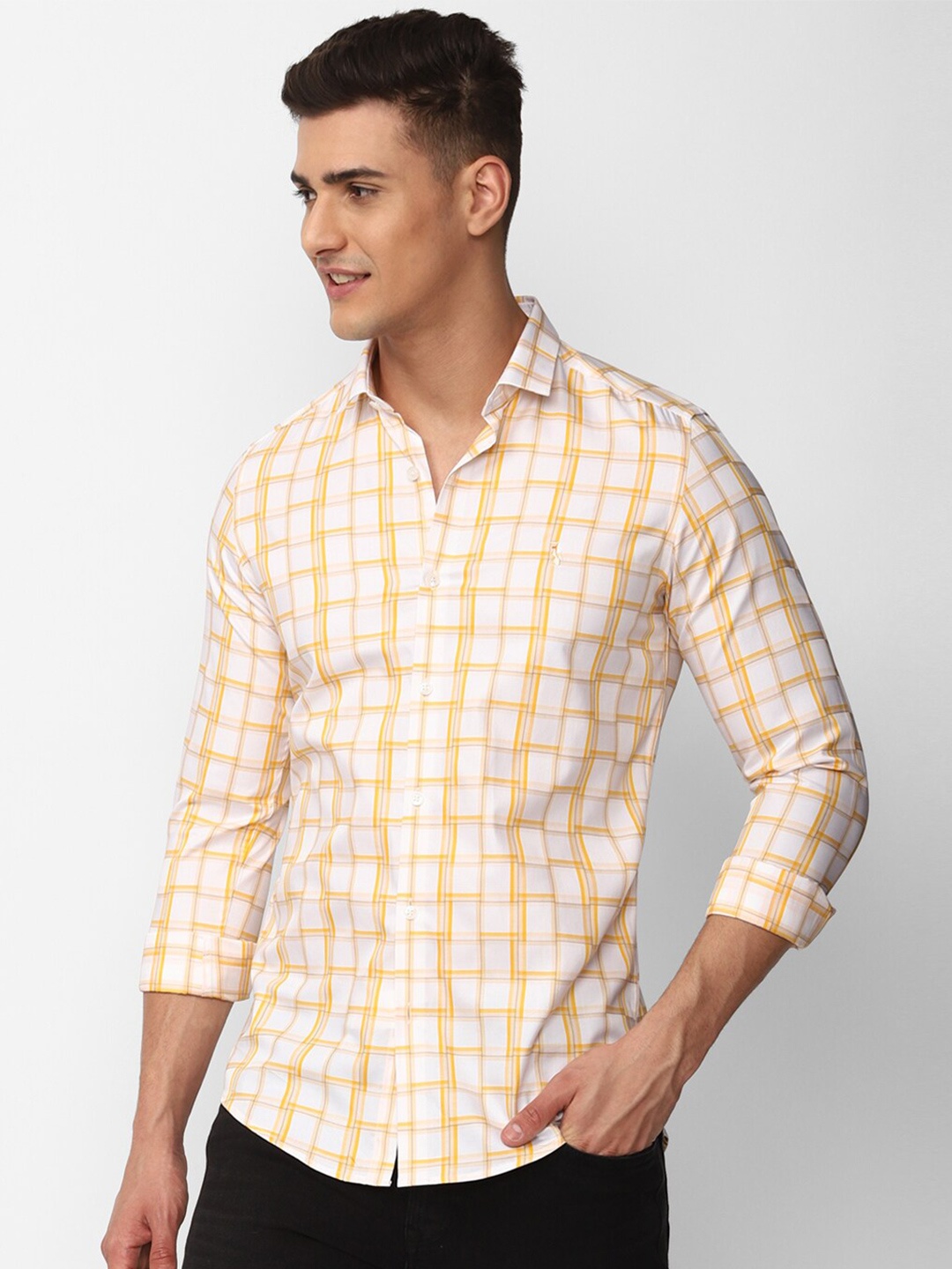 

SIMON CARTER LONDON Slim Fit Checked Pure Cotton Casual Shirt, Yellow
