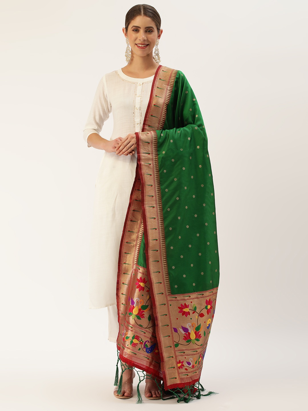 

LOOKNBOOK ART Woven Design Dupatta with Zari, Green