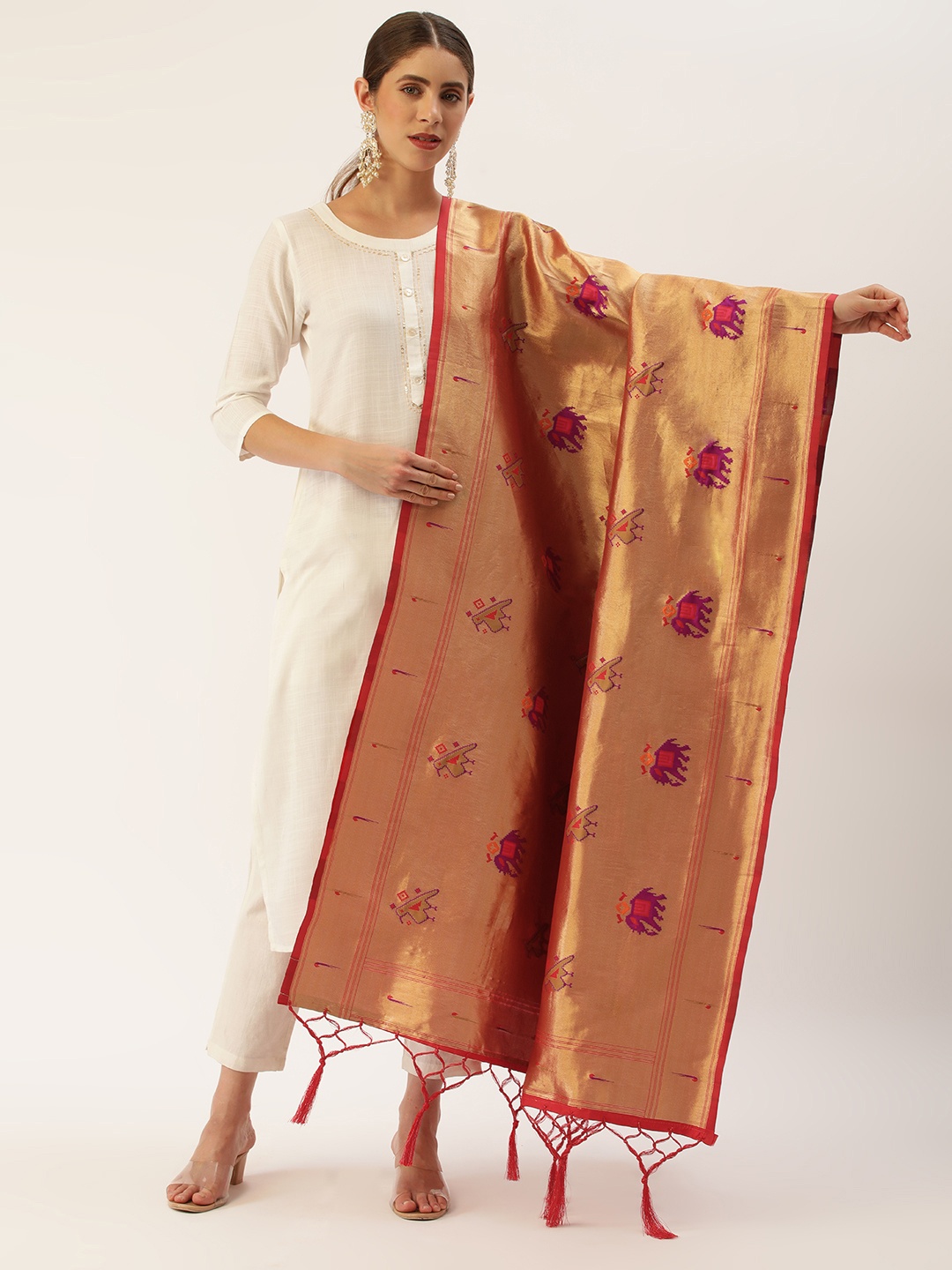 

LOOKNBOOK ART Woven Design Dupatta with Zari, Gold