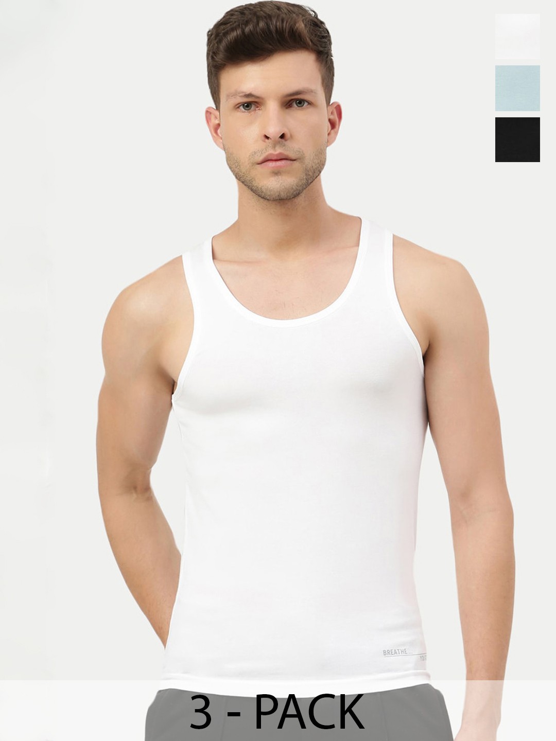 

FREECULTR Pack Of 3 Bamboo Cotton Innerwear Basic Vests, Blue