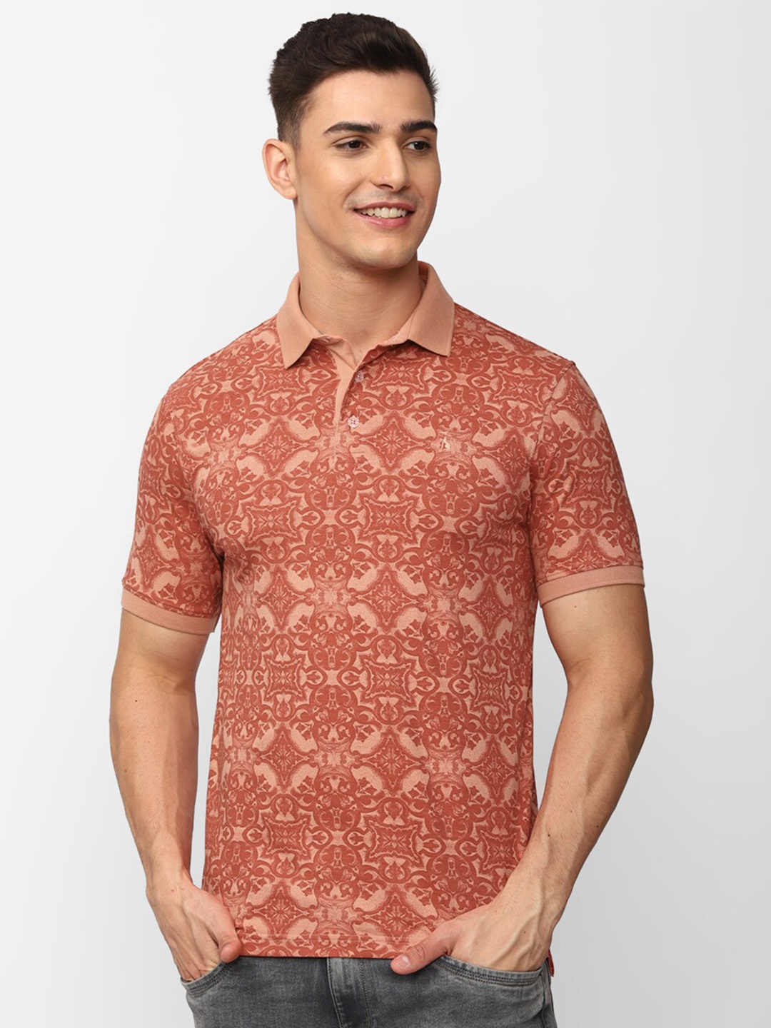 

SIMON CARTER LONDON Geometric Printed Polo Collar Slim Fit Cotton T-shirt, Peach