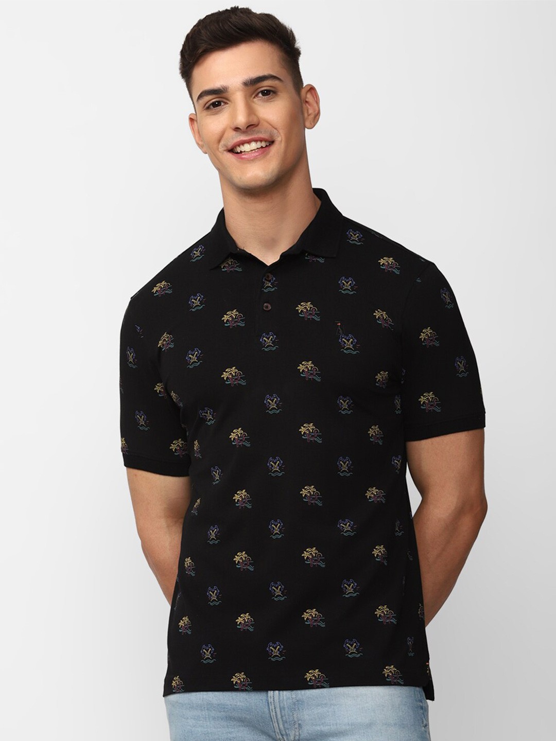 

SIMON CARTER LONDON Conversational Printed Polo Collar Slim Fit T-shirt, Black