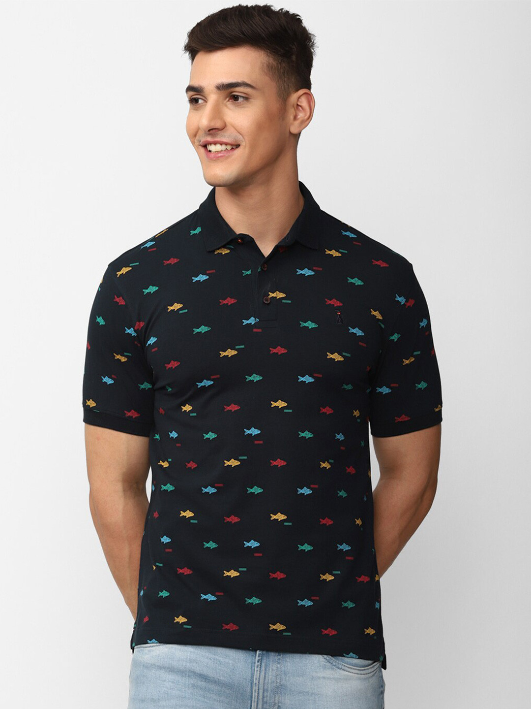 

SIMON CARTER LONDON Conversational Printed Polo Collar Slim Fit Cotton T-shirt, Navy blue