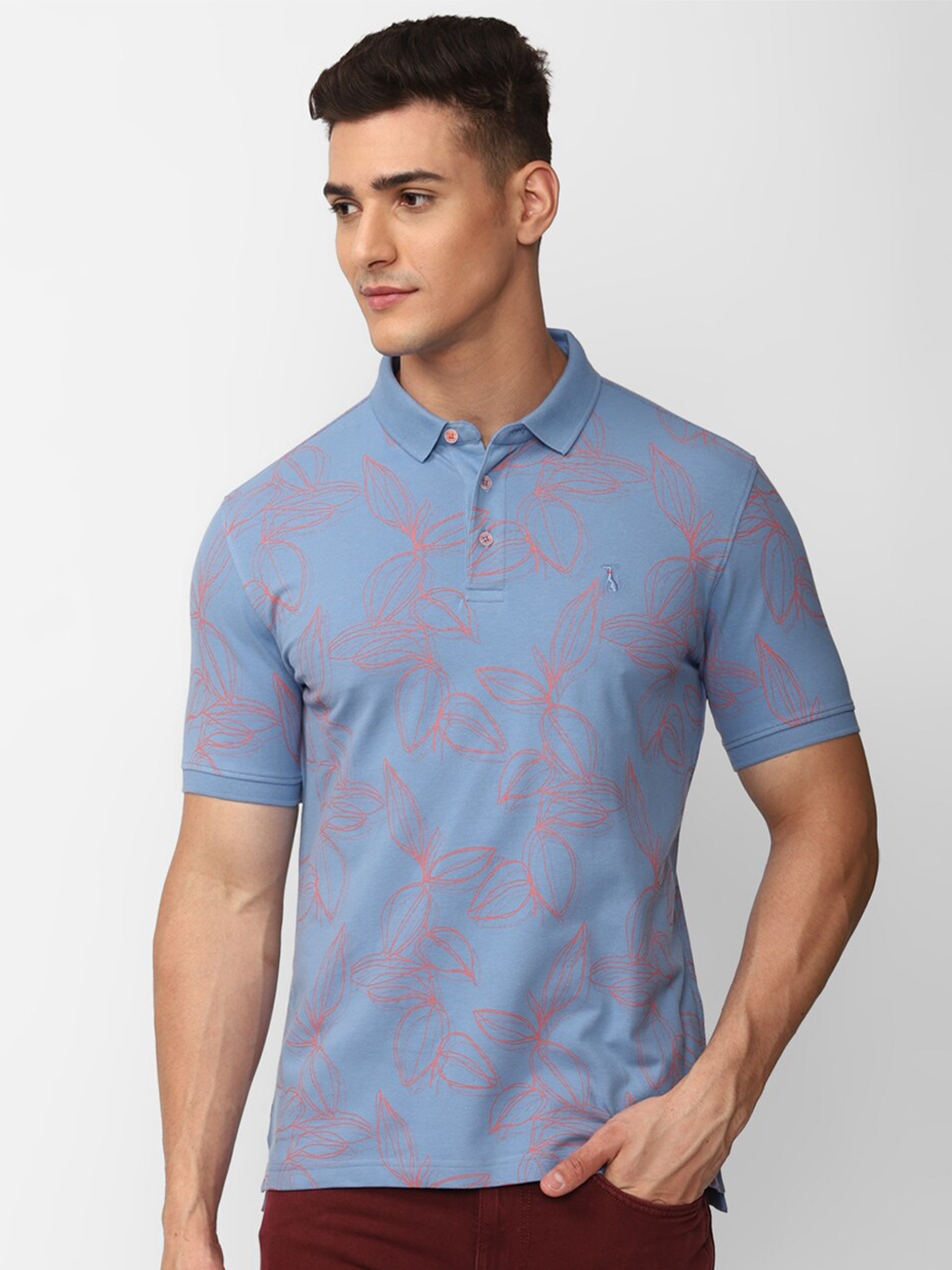 

SIMON CARTER LONDON Tropical Printed Polo Collar Slim Fit Cotton T-shirt, Blue