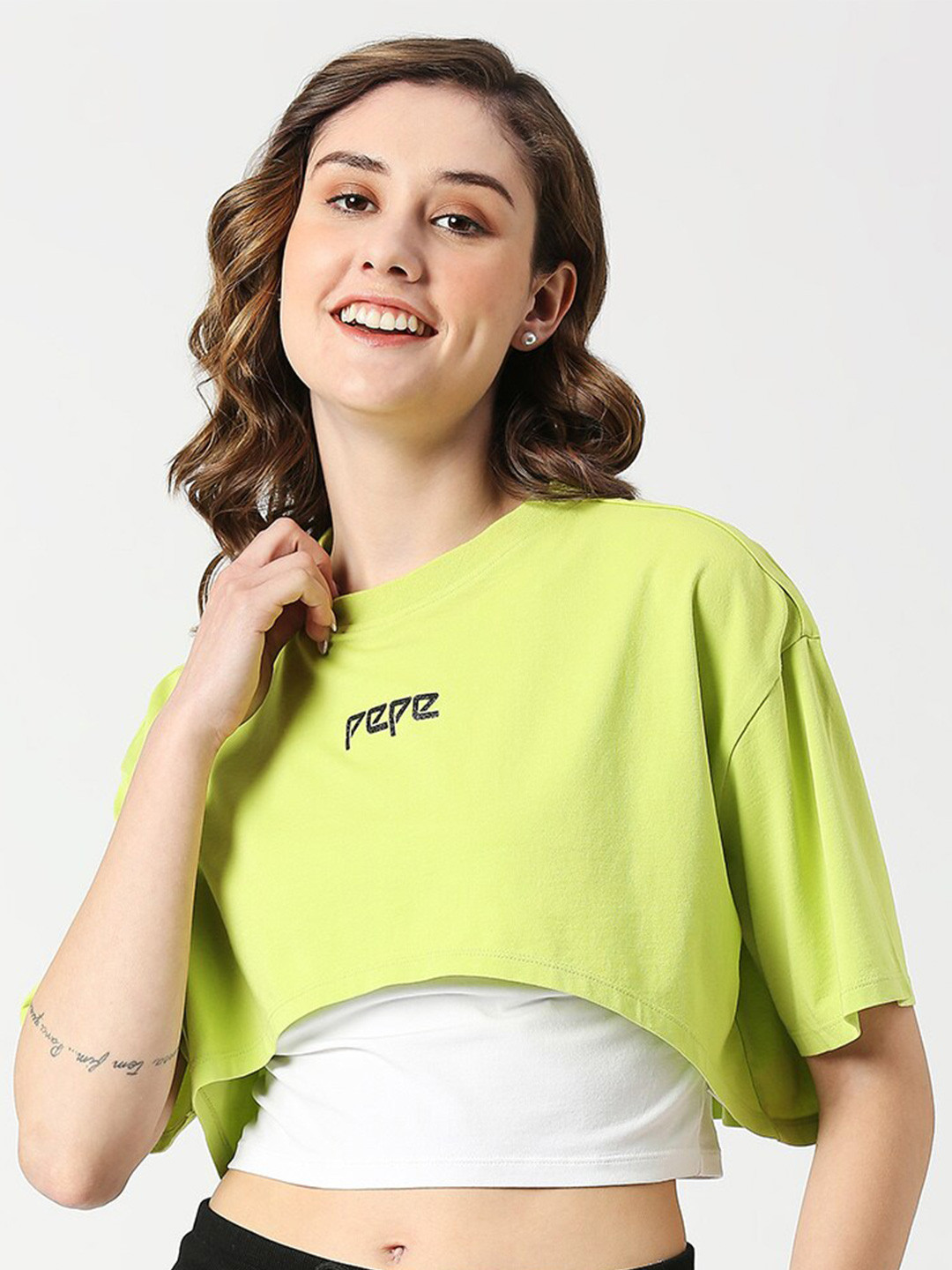 

Pepe Jeans Drop-Shoulder Sleeves Loose Crop Cotton T-shirt, Green