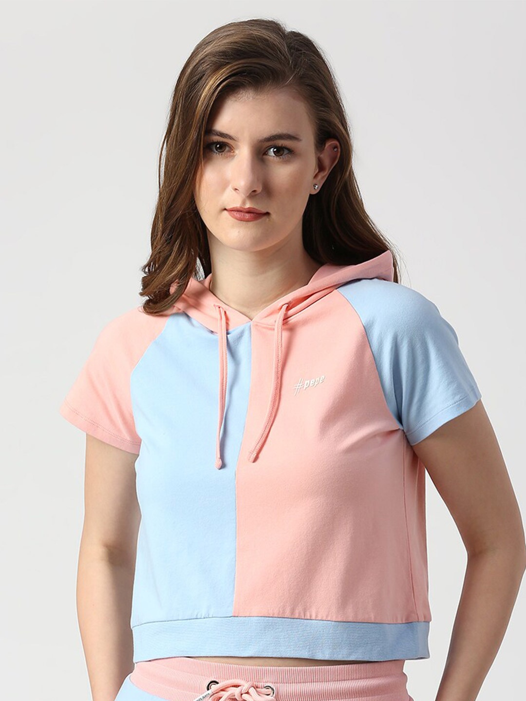 

Pepe Jeans Colourblocked Hooded Cotton Crop T-shirt, Blue