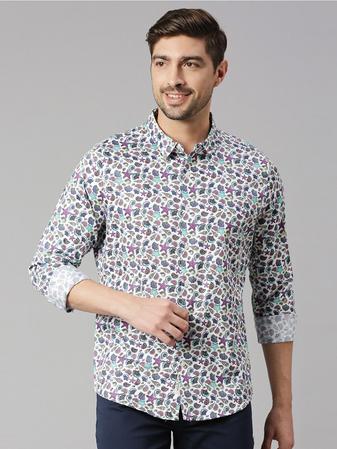 

Thomas Scott Classic Slim Fit Conversational Printed Casual Pure Cotton Shirt, White