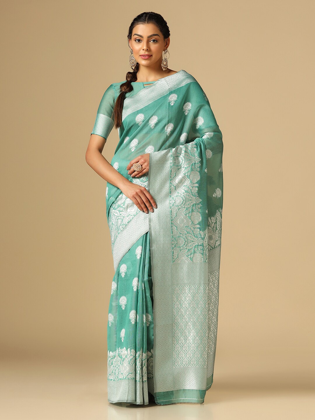 

SIRIL Ethinic Motifs Woven Design Zari Saree, Green