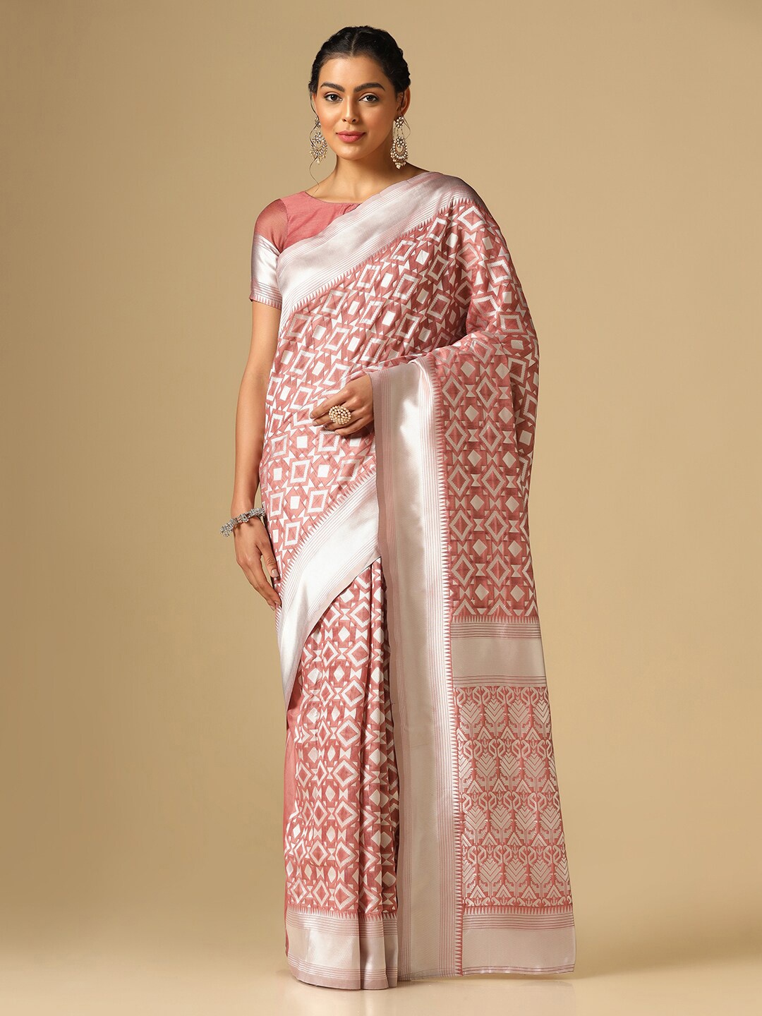 

SIRIL Geometric Woven Design Zari Saree, Pink