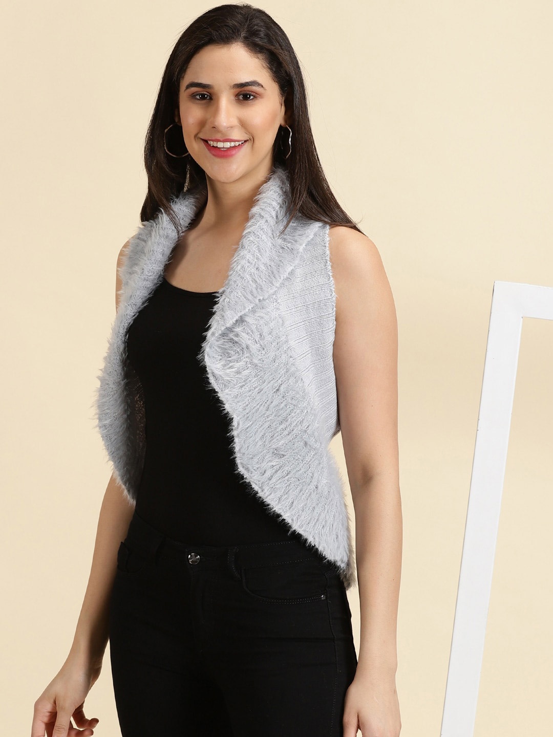 

SHOWOFF Self Design Wool Sleeveless Open Front Shrug, Grey
