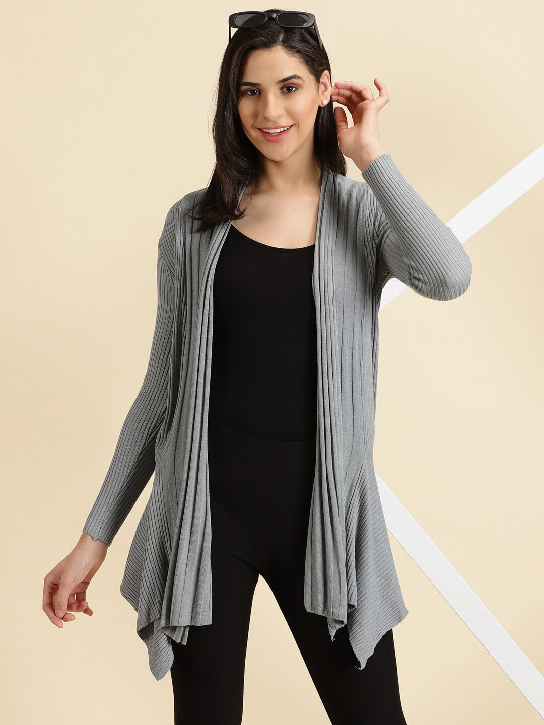 

SHOWOFF Ribbed Acrylic Longline Asymmetric Open Front Shrug, Grey