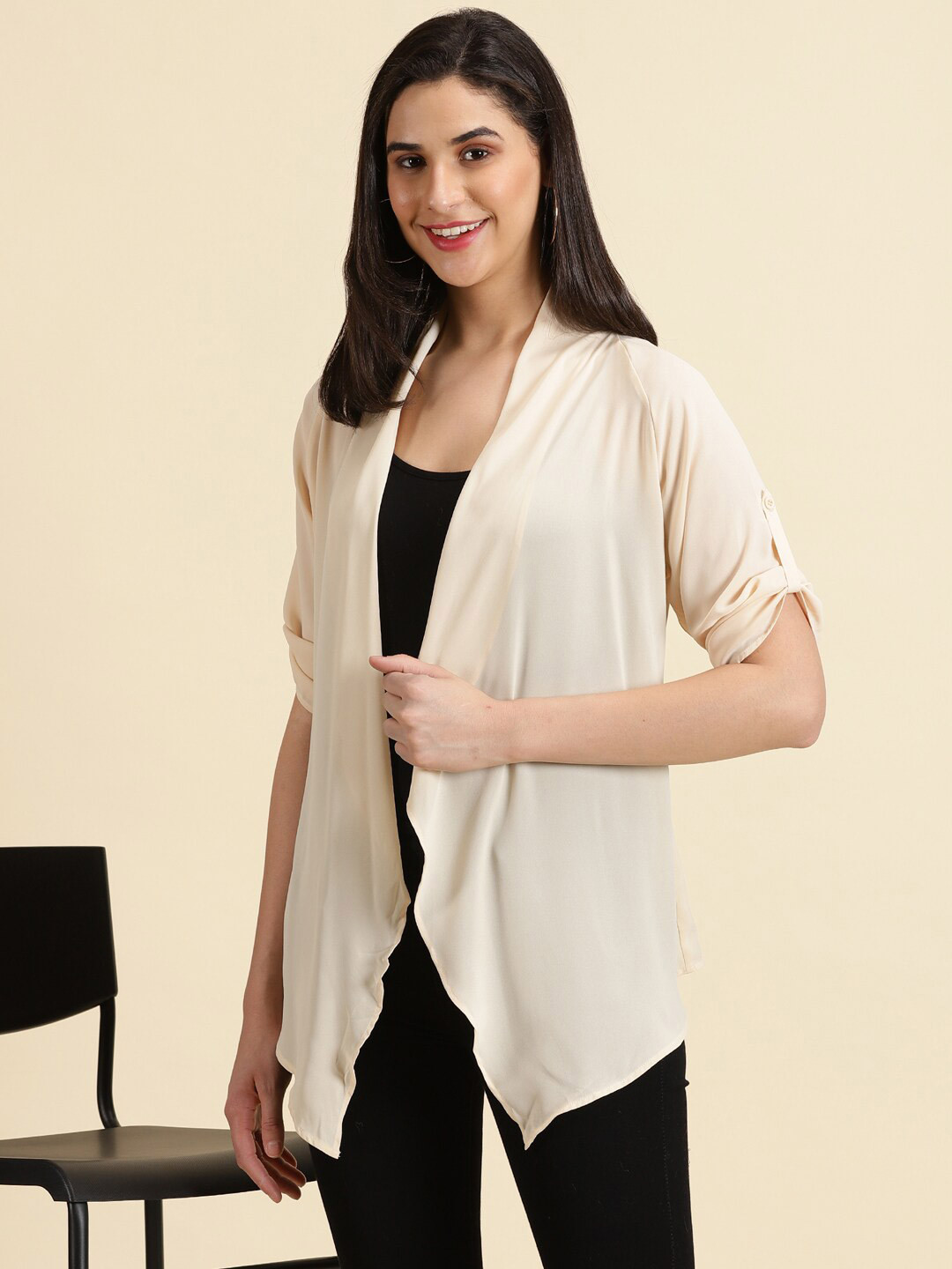 

SHOWOFF Roll-Up Sleeve Longline Open Front Shrug, Cream