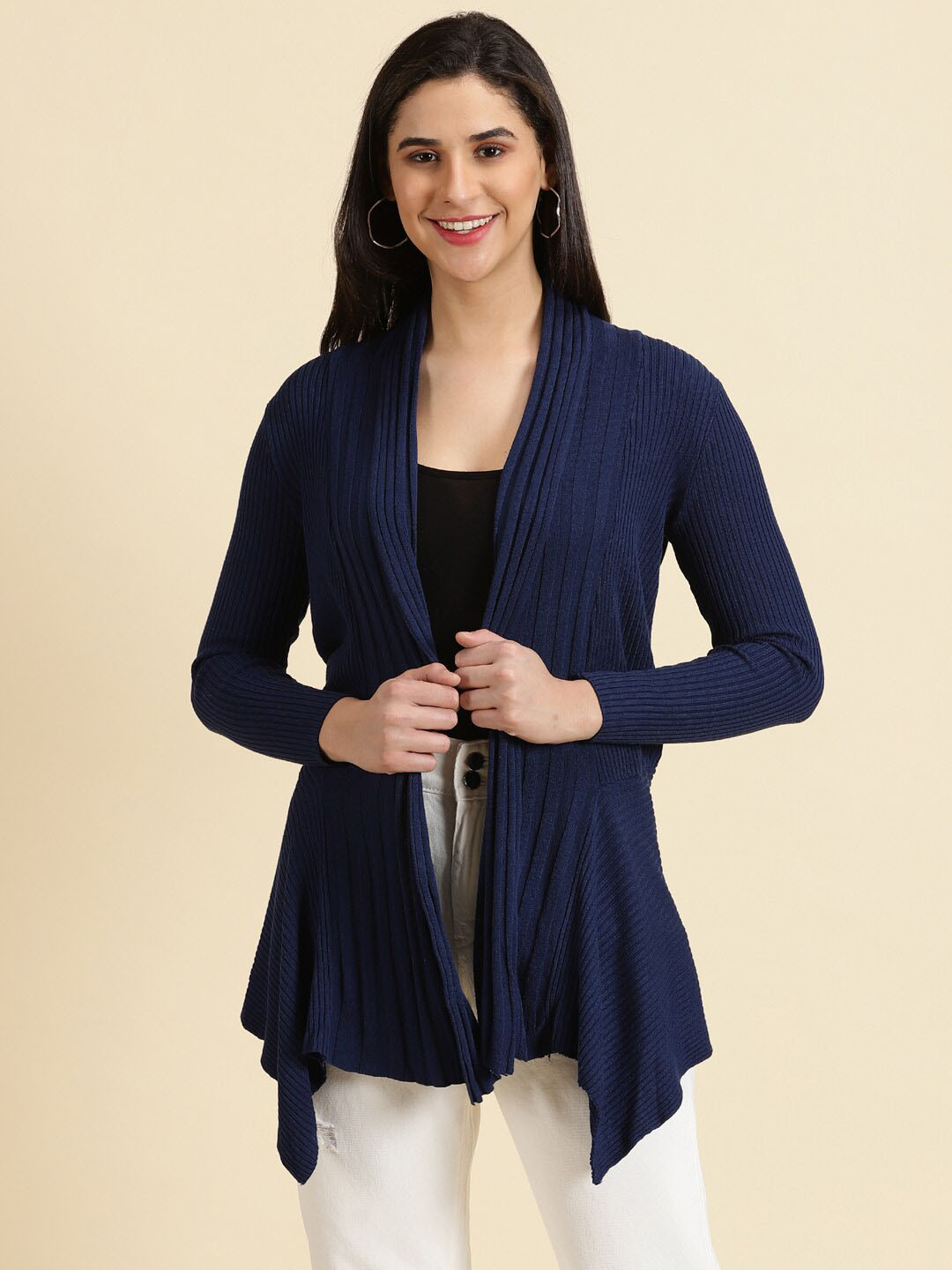 

SHOWOFF Ribbed Acrylic Longline Asymmetric Open Front Shrug, Navy blue