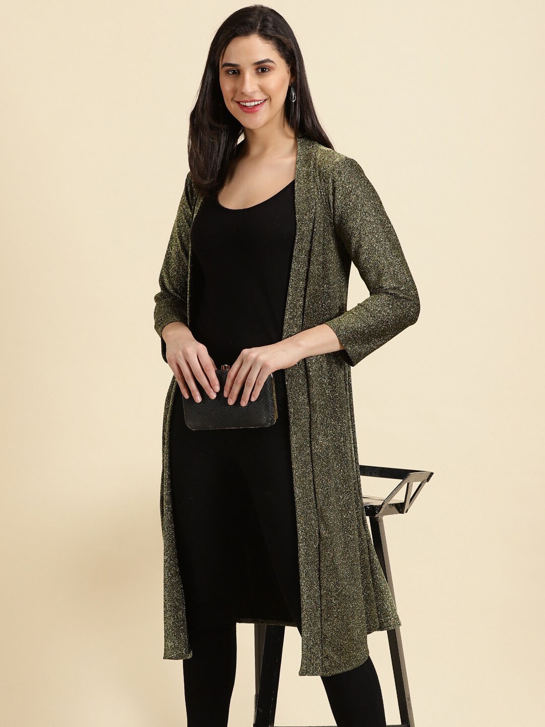 

SHOWOFF Self Design Longline Open Front Shrug, Olive