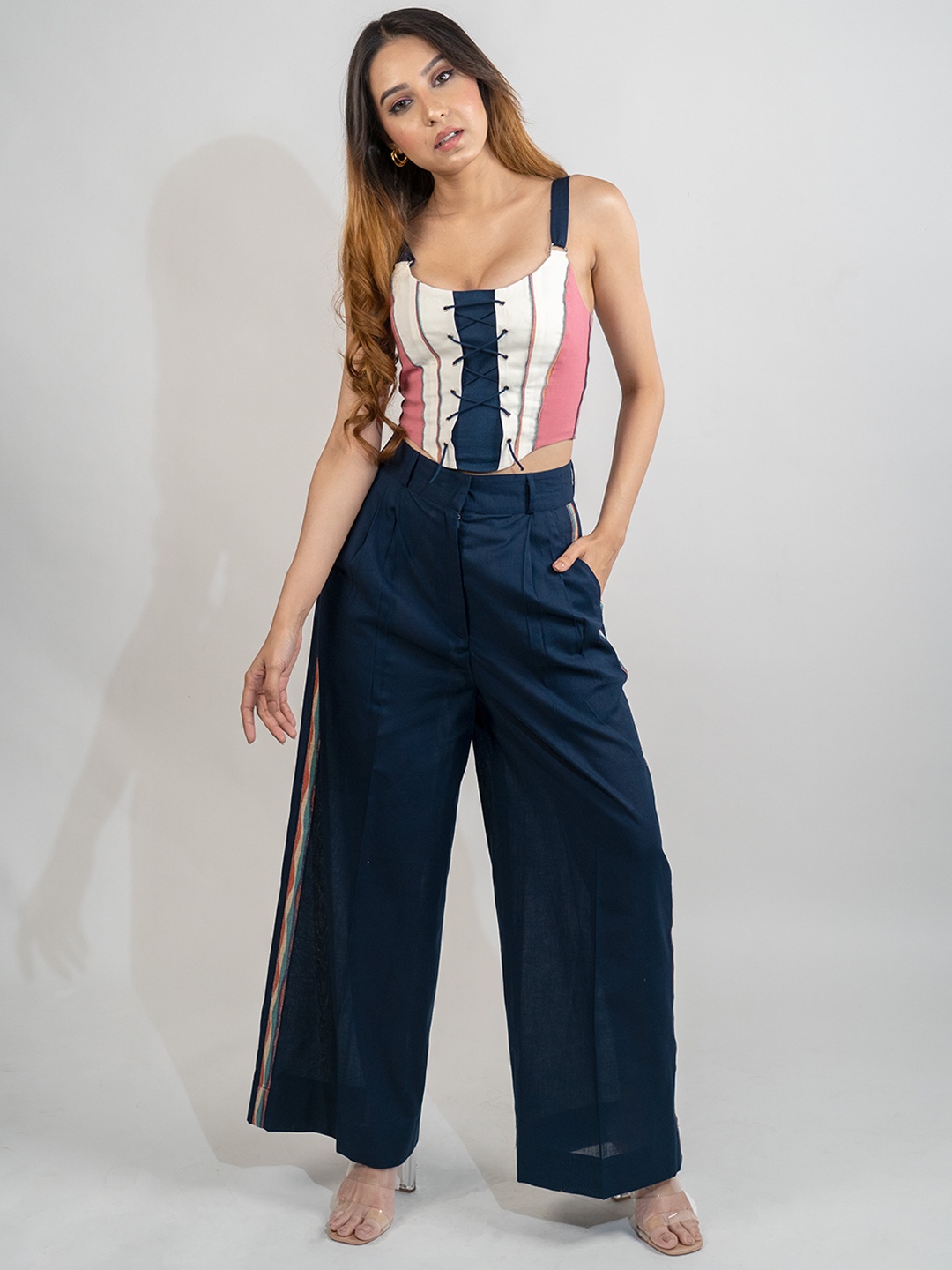 

POPPI Women Printed Shoulder Straps Crop Top & Palazzo, Navy blue